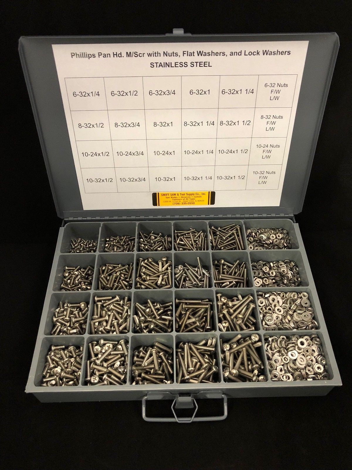 PHILLIPS PAN HEAD MACHINE SCREW ASSORTMENT & METAL BIN TRAY STAINLESS STEEL PHILLIPS PAN HEAD MACHINE SCREW ASSORTMENT & METAL BIN TRAY STAINLESS STEEL