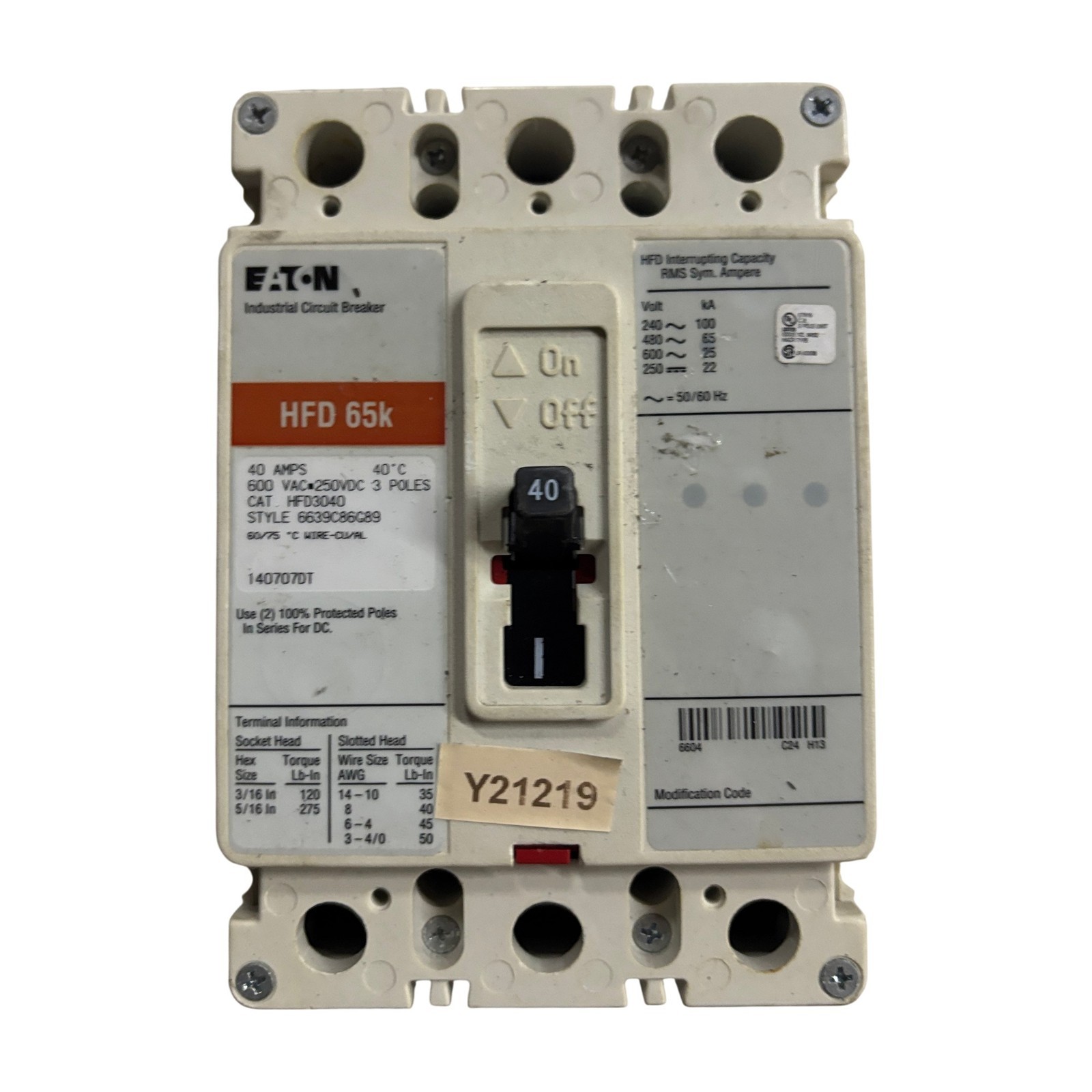 Eaton HFD3040 40A 3-Pole 600V Industrial Circuit Breaker HFD 65k Eaton HFD3040 40A 3-Pole 600V Industrial Circuit Breaker HFD 65k