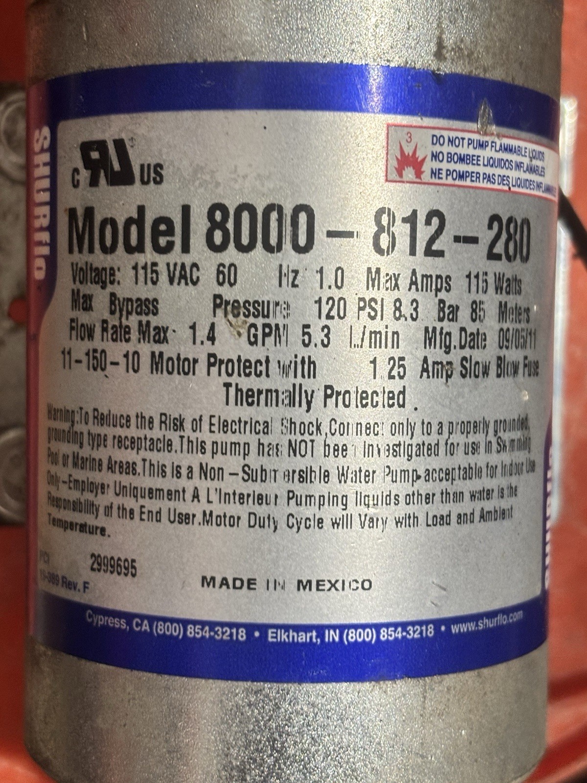 Shurflo Model 8000-812-280 1.4GPM Water Pump Shurflo Model 8000-812-280 1.4GPM Water Pump