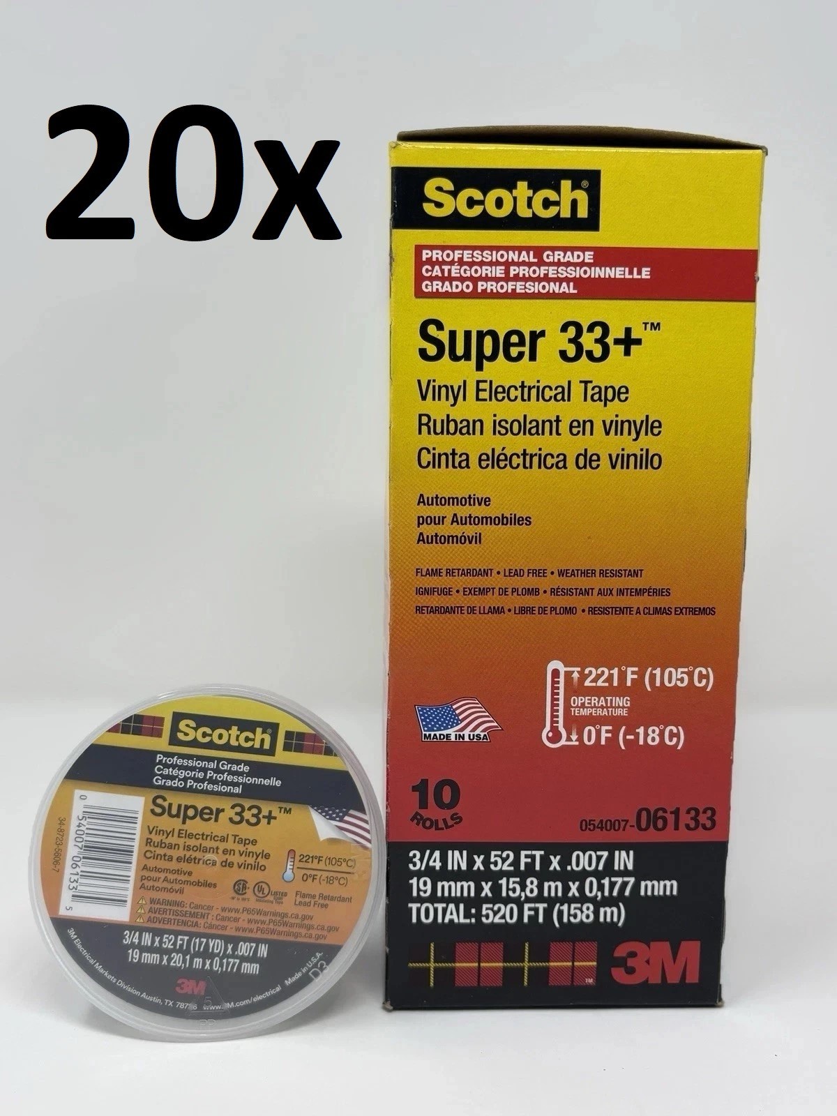 20x (10 PACK) 3M Scotch Super 33+ Vinyl Electrical Tape 06133 (200 total rolls) 20x (10 PACK) 3M Scotch Super 33+ Vinyl Electrical Tape 06133 (200 total rolls)