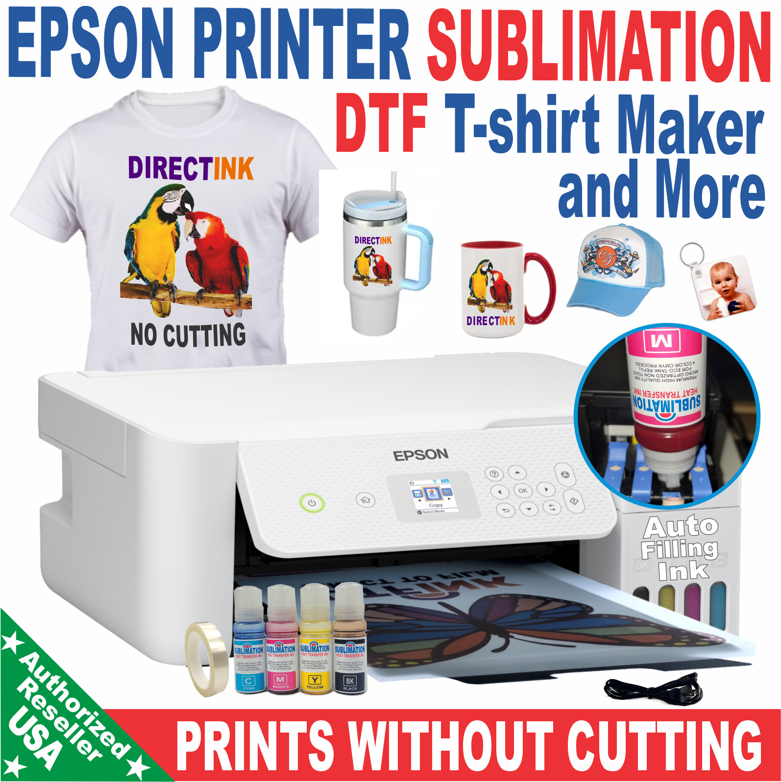 Epson Printer with Sublimation ink Heat Transfer plus DTF T-Shirt Starter Kit Epson Printer with Sublimation ink Heat Transfer plus DTF T-Shirt Starter Kit