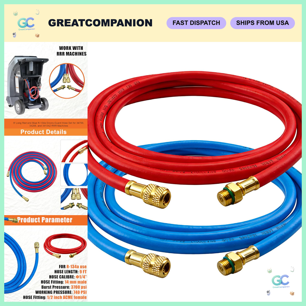 9FT R-134a Refrigerant Hose Set for AC Recovery, Robinair Compatible, Enviro Gua 9FT R-134a Refrigerant Hose Set for AC Recovery, Robinair Compatible, Enviro Gua