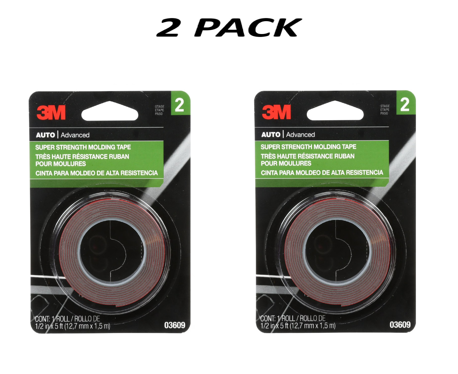 (2 Pack) 3M Automotive Super Strength Molding Tape 1/2in x 5 ft Double Sided. (2 Pack) 3M Automotive Super Strength Molding Tape 1/2in x 5 ft Double Sided.