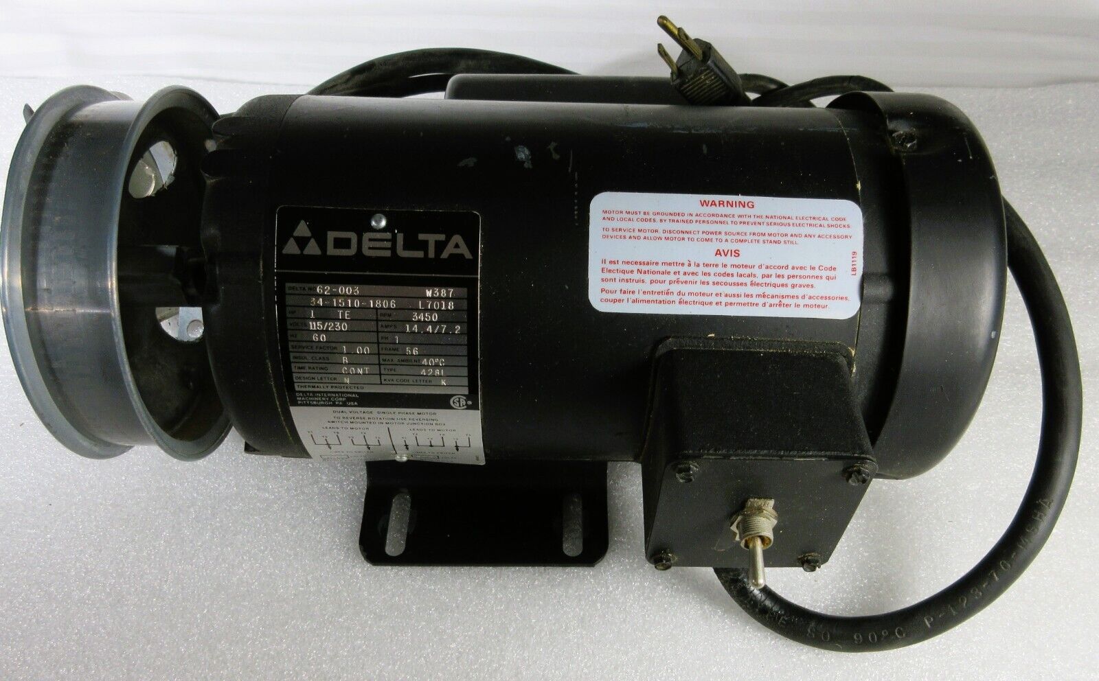 Delta Wood Shaper 43-122 Motor 1 HP Dual Directional Switched Baldor Rockwell EX