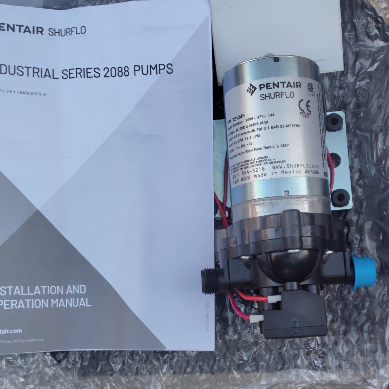 Pentair SHURFLO Industrial Series 2088 Pump Model 2088-474-144 MPN 2088 24 Volt Pentair SHURFLO Industrial Series 2088 Pump Model 2088-474-144 MPN 2088 24 Volt