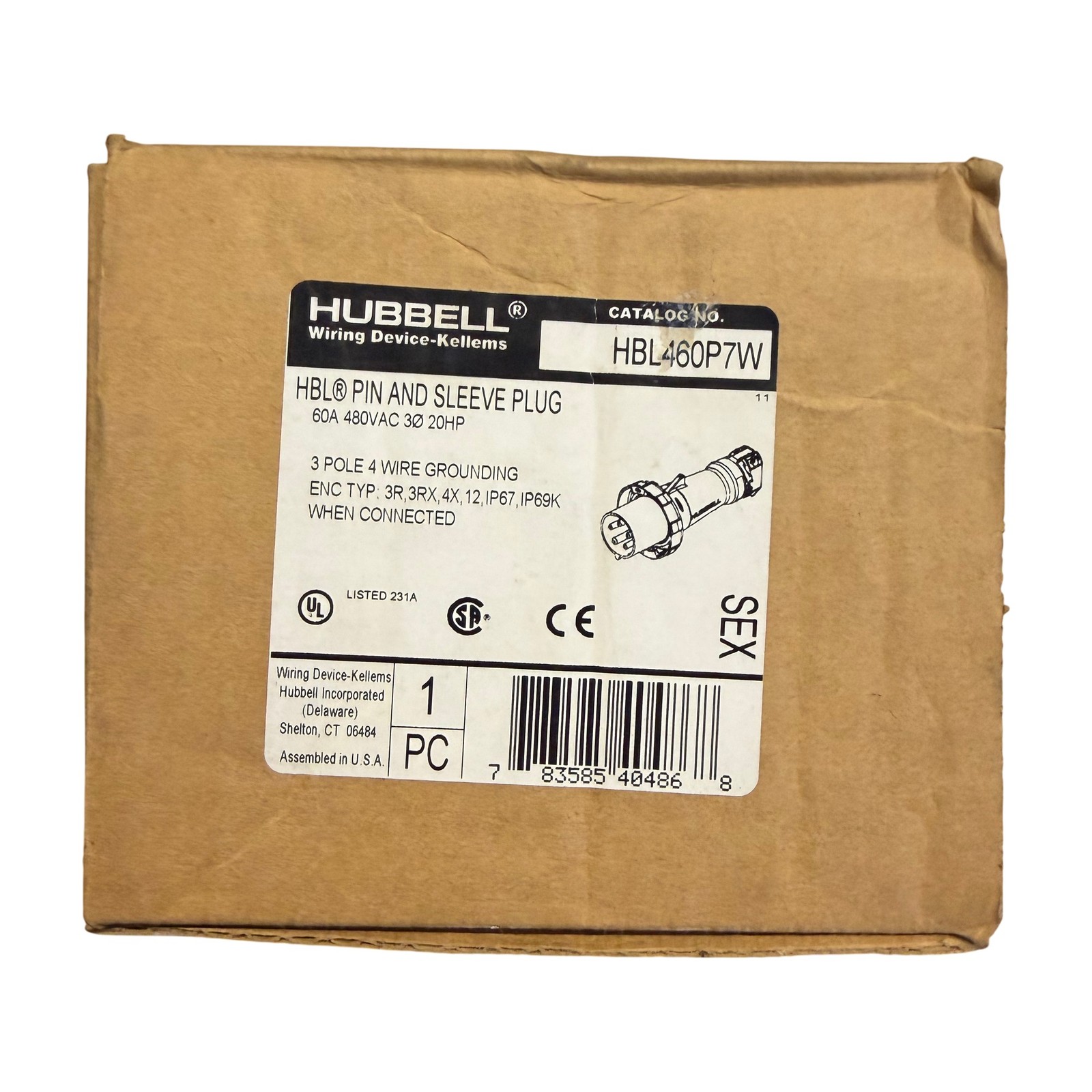 Hubbell HBL460P7W 60A 480V 3-Pole 4-Wire Pin and Sleeve Plug IP67 Hubbell HBL460P7W 60A 480V 3-Pole 4-Wire Pin and Sleeve Plug IP67