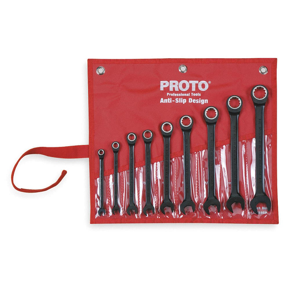 PROTO JSCR-9S Combo Wrench Set,Blk Chrome,Standard,9Pc 1WNB7 PROTO JSCR-9S Combo Wrench Set,Blk Chrome,Standard,9Pc 1WNB7