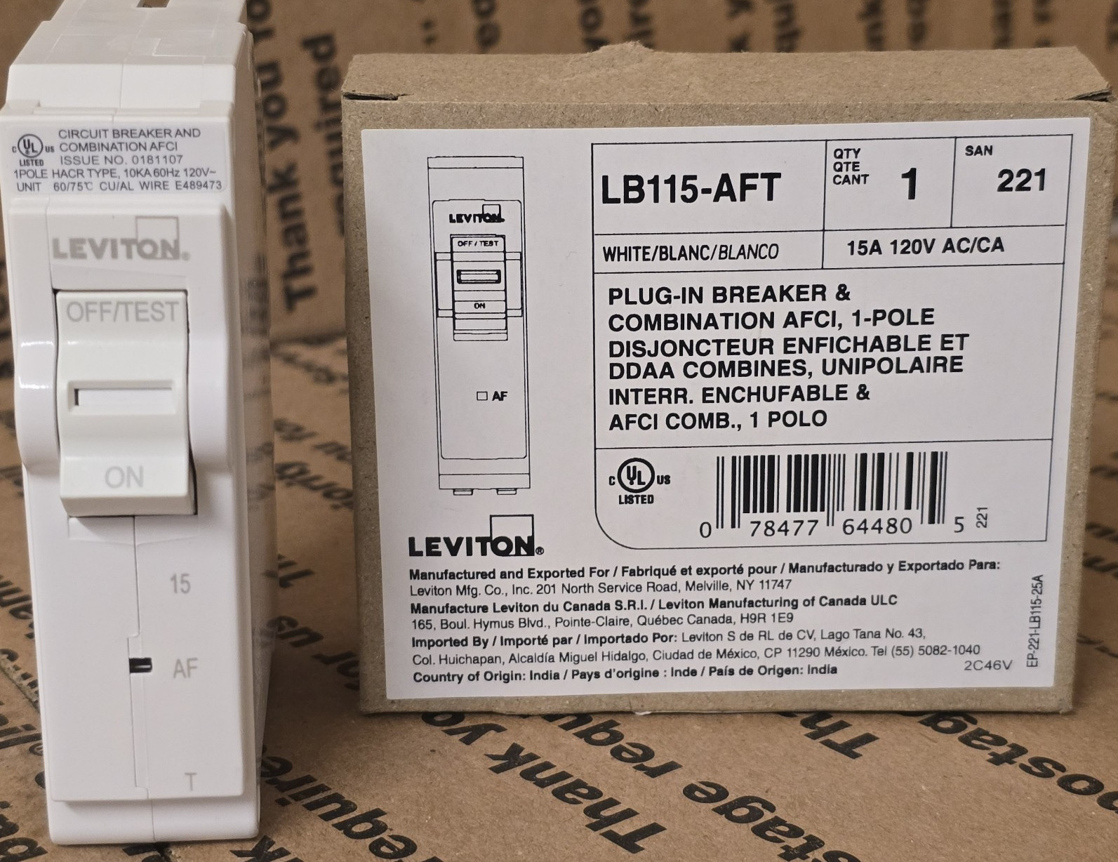 LEVITON LB115-AFT 15AMP AFCI ARC FAULT PLUG-ON NEUTRAL 120V BRAND NEW THERMAL