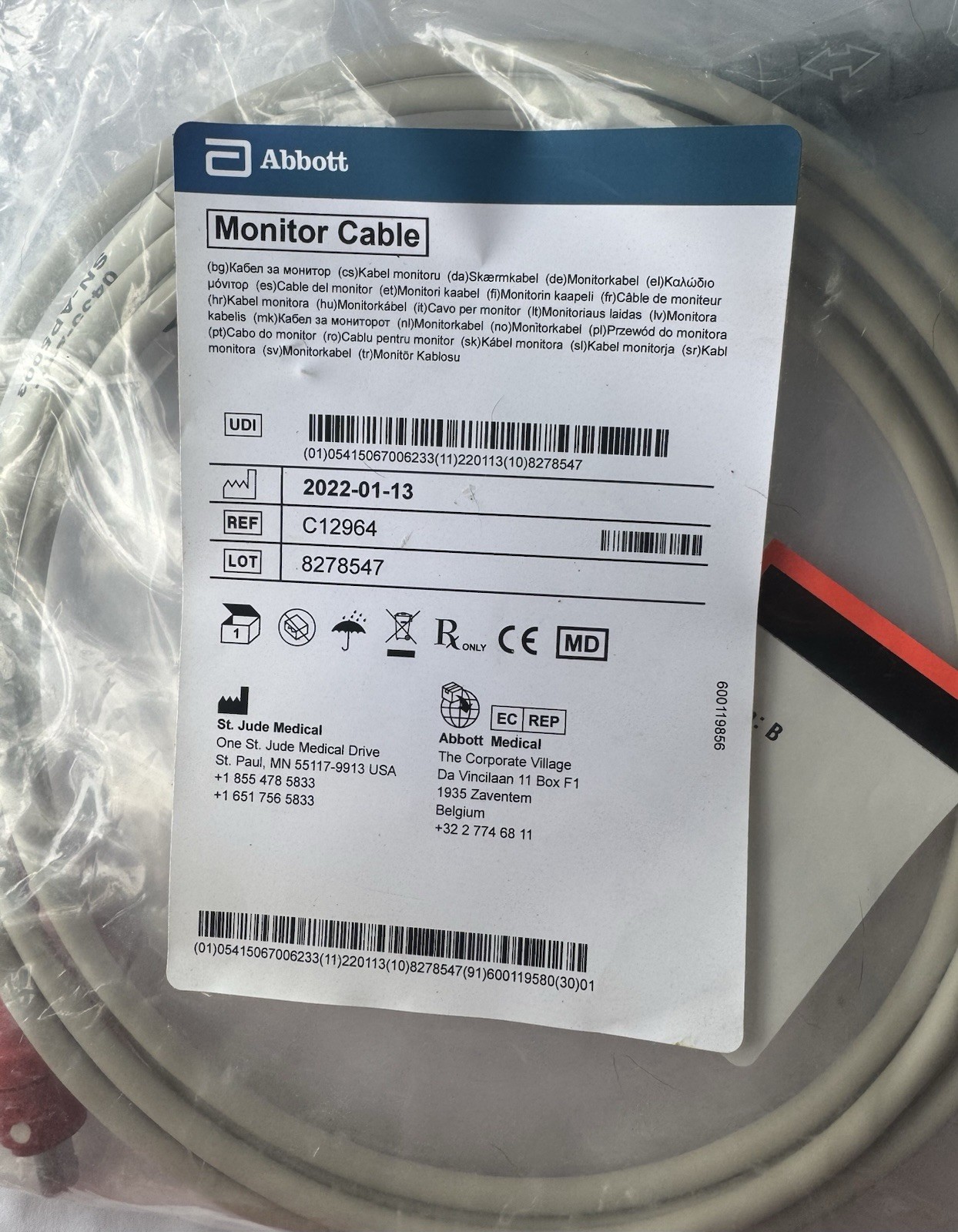St.Jude Medical ABBOTT Monitor Cable Cardiovascular Blood Pressure C12964 St.Jude Medical ABBOTT Monitor Cable Cardiovascular Blood Pressure C12964