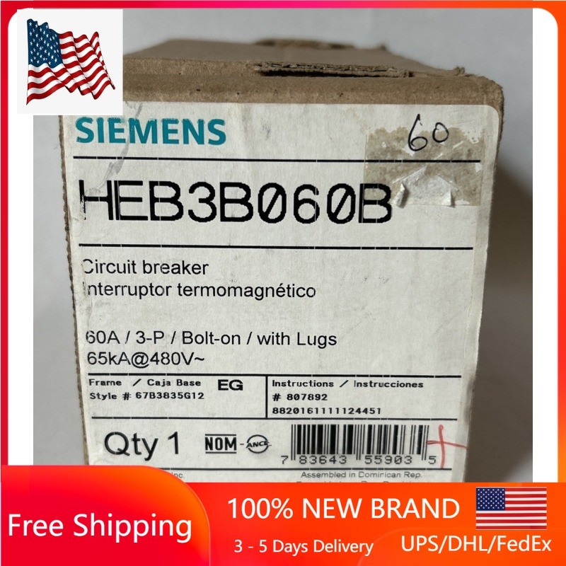 Siemens HEB3B060B 60 Amp 3 Pole 65kA 480 V Bolt-On/ with Lugs Circuit Breaker HT Siemens HEB3B060B 60 Amp 3 Pole 65kA 480 V Bolt-On/ with Lugs Circuit Breaker HT