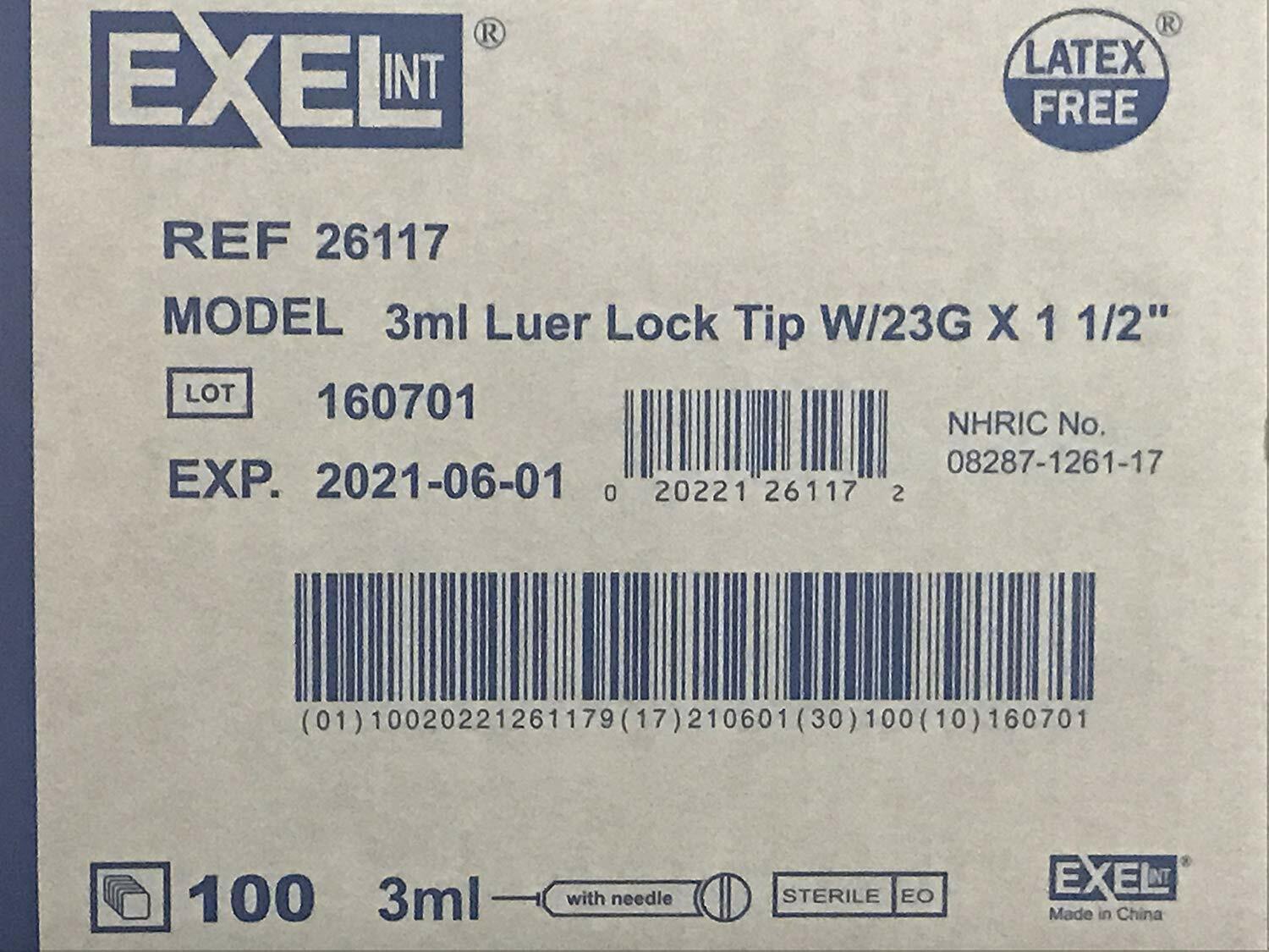 BRAND NEW Exel luer-Lock  3ml(3cc) 23g x 1.5in, 1 box of 100 26117 EXP 2023+