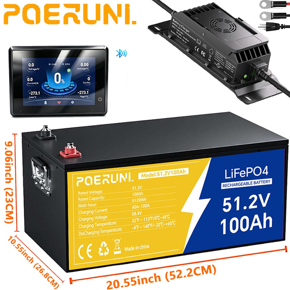 NEW 100Ah 48V LiFePO4 Lithium Battery 5120Wh W/ 58.4V 20A Charger + LCD Monitor NEW 100Ah 48V LiFePO4 Lithium Battery 5120Wh W/ 58.4V 20A Charger + LCD Monitor