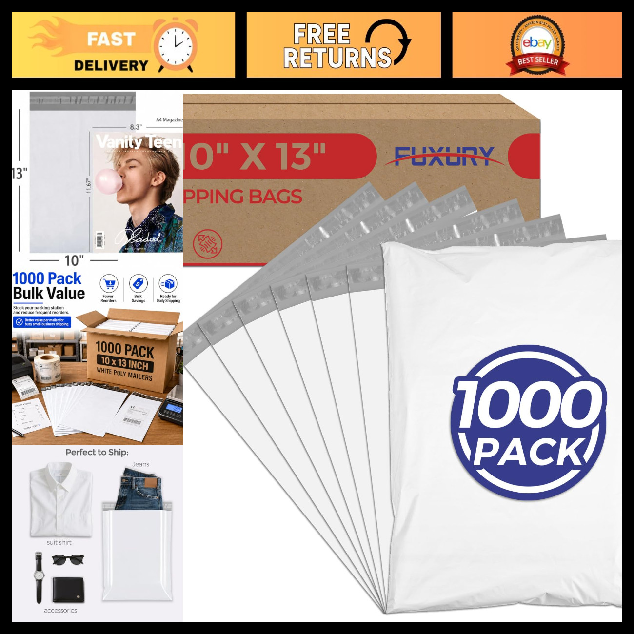 Bulk 1000 Pcs Poly Mailers 10x13 Inch - Durable Shipping Bags for Clothes, White Bulk 1000 Pcs Poly Mailers 10x13 Inch - Durable Shipping Bags for Clothes, White