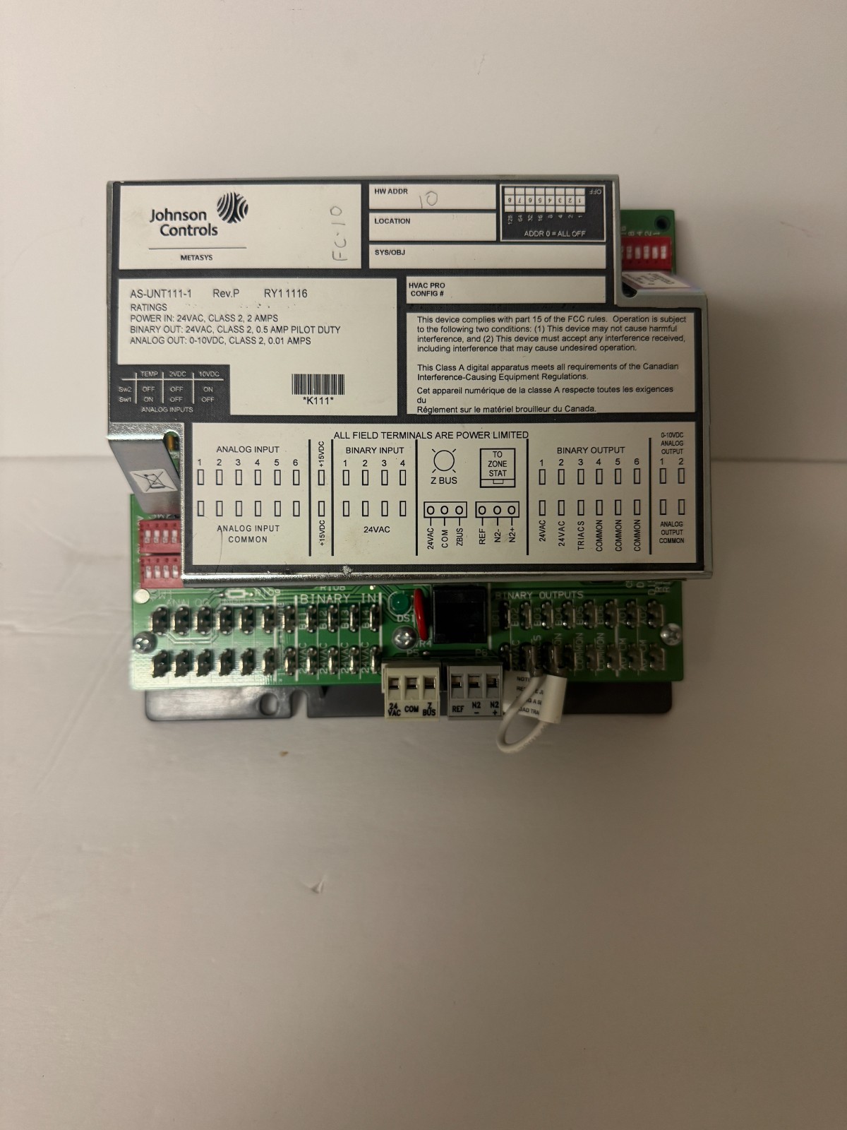 Johnson Controls Metasys AS-UNT111-1 Unitary Controller - UNT 111-1