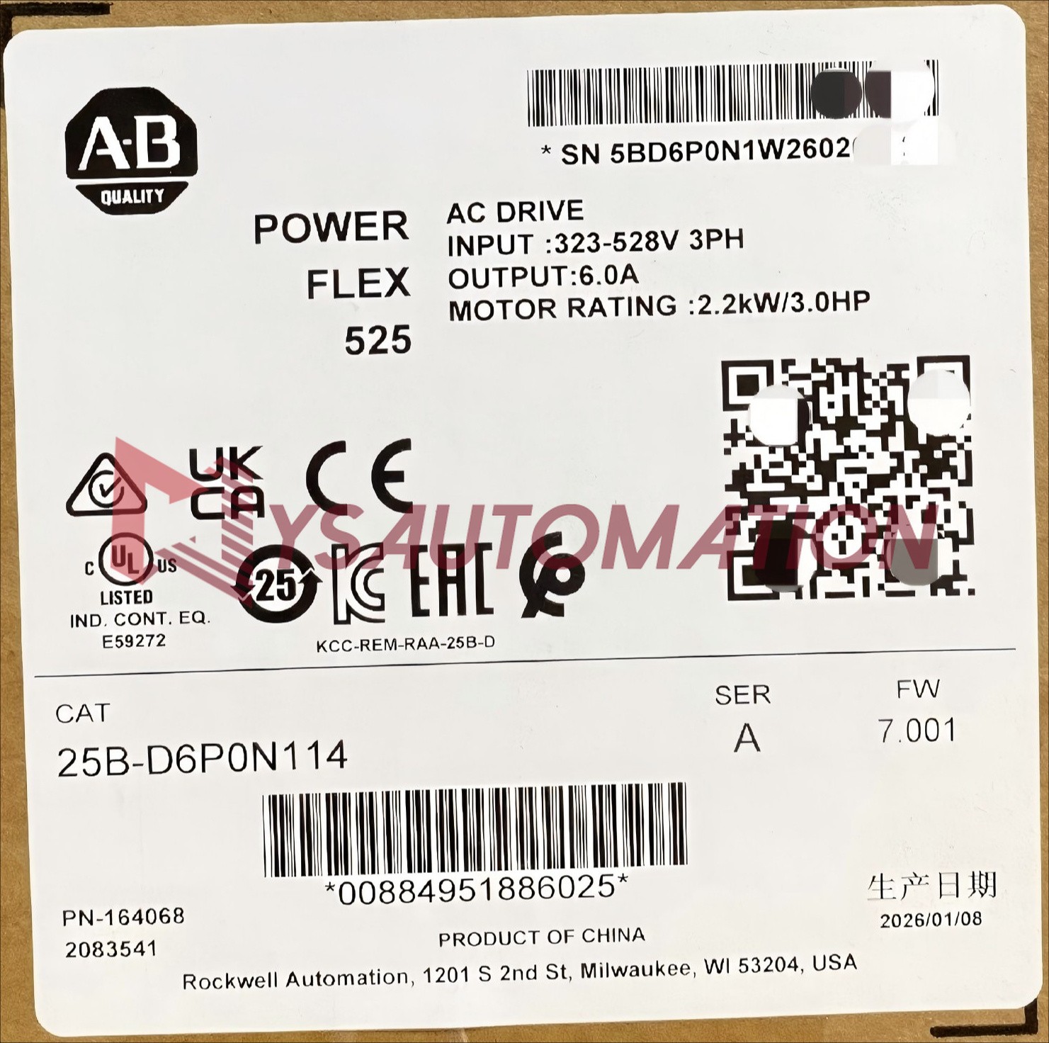 2026 AB 25B-D6P0N114 Powerflex 525 /A PLC AC Drive 2.2kW 3HP 480V AC 25BD6P0N114 2026 AB 25B-D6P0N114 Powerflex 525 /A PLC AC Drive 2.2kW 3HP 480V AC 25BD6P0N114
