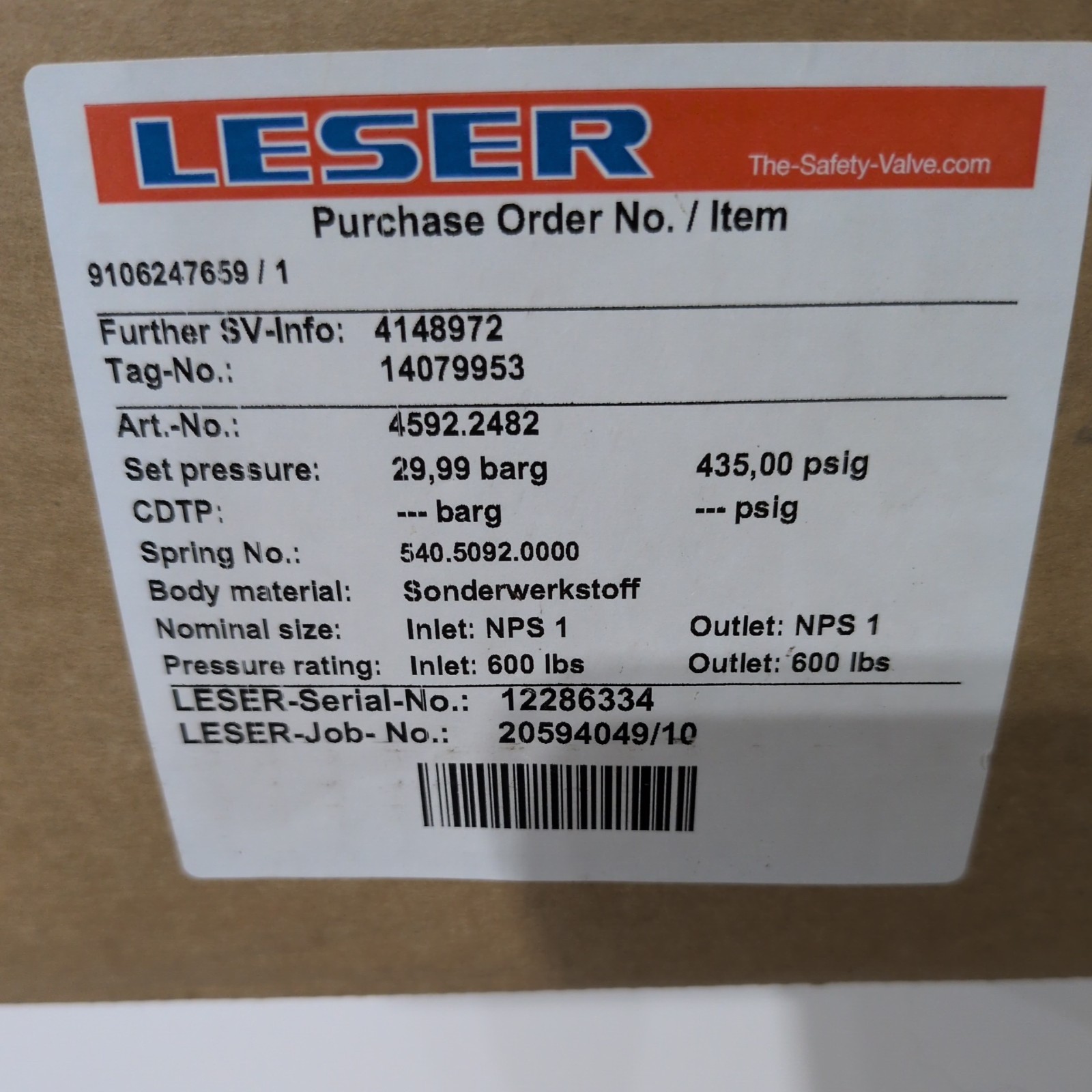 LESER Type 4592.2482 size NPS1 Threaded Relief Safety Valve w/ flanges LESER Type 4592.2482 size NPS1 Threaded Relief Safety Valve w/ flanges