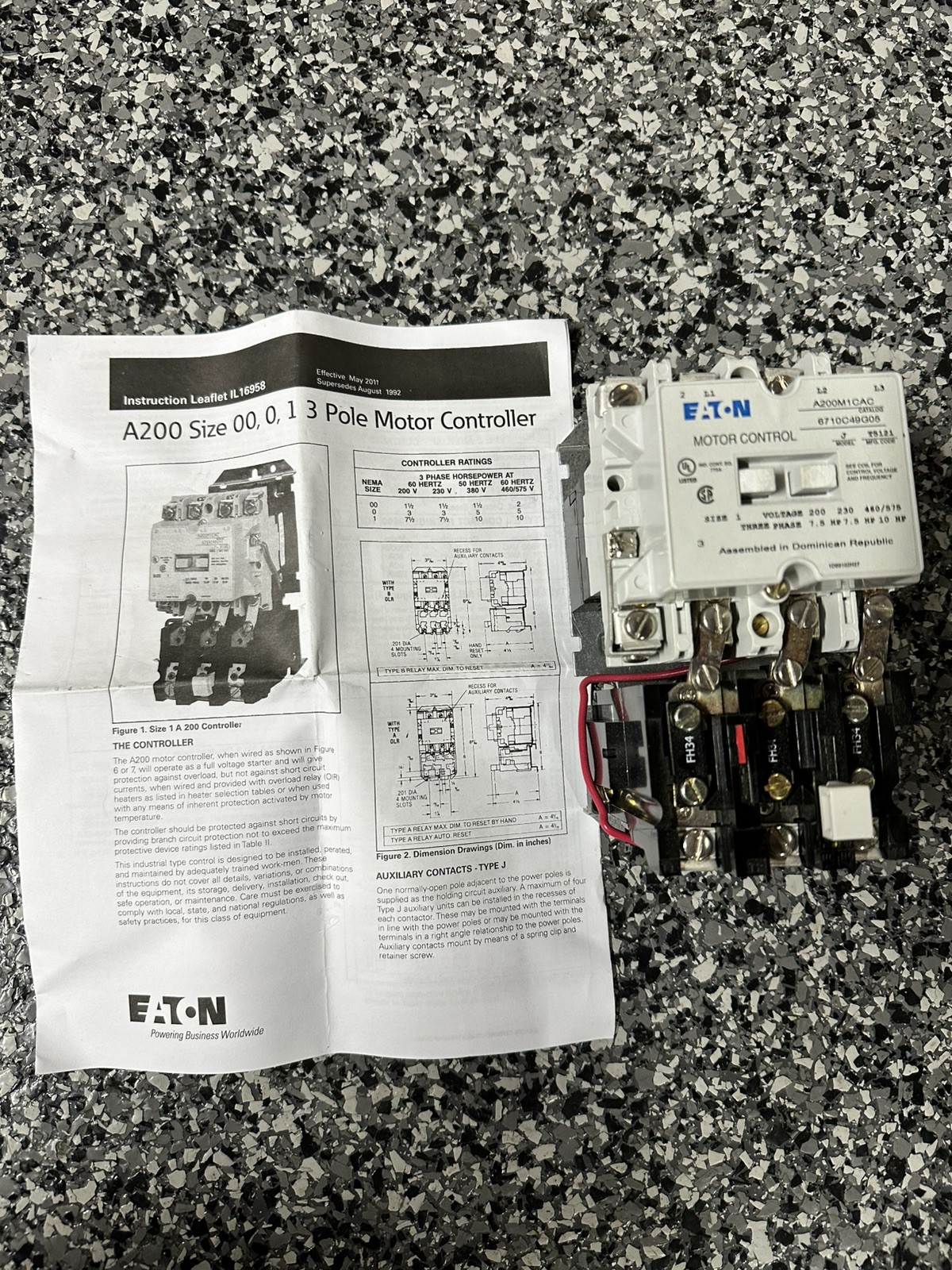 Eaton Cutler Hammer Non-Reversing Size 1 Motor Starter Nema #A200M1CACE Model J Eaton Cutler Hammer Non-Reversing Size 1 Motor Starter Nema #A200M1CACE Model J