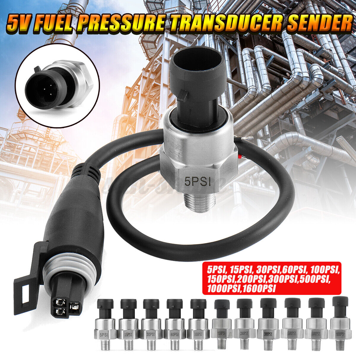 1/8NPT\'\' 5-1600 PSI Fuel Pressure Transducer Sender 5V For Oil Fuel Ai