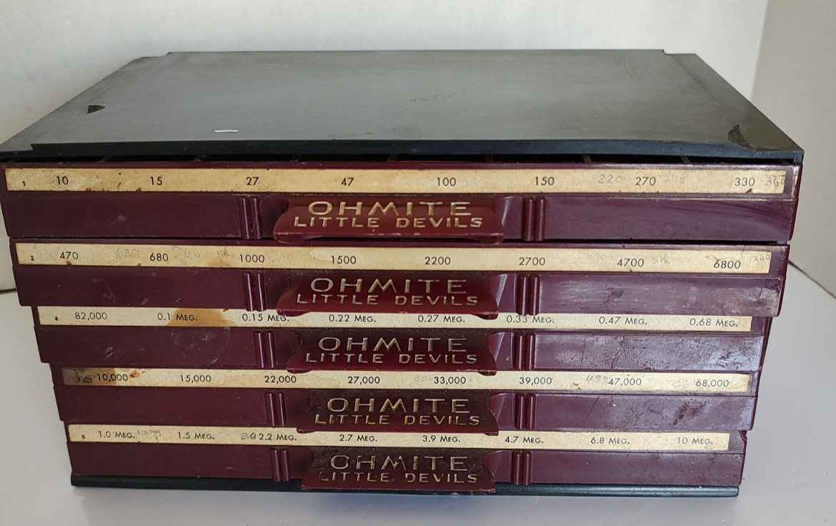 Vtg Ohmite Little Devils Carbon Resistors w/ Five Drawer Storage Cabinet Vtg Ohmite Little Devils Carbon Resistors w/ Five Drawer Storage Cabinet