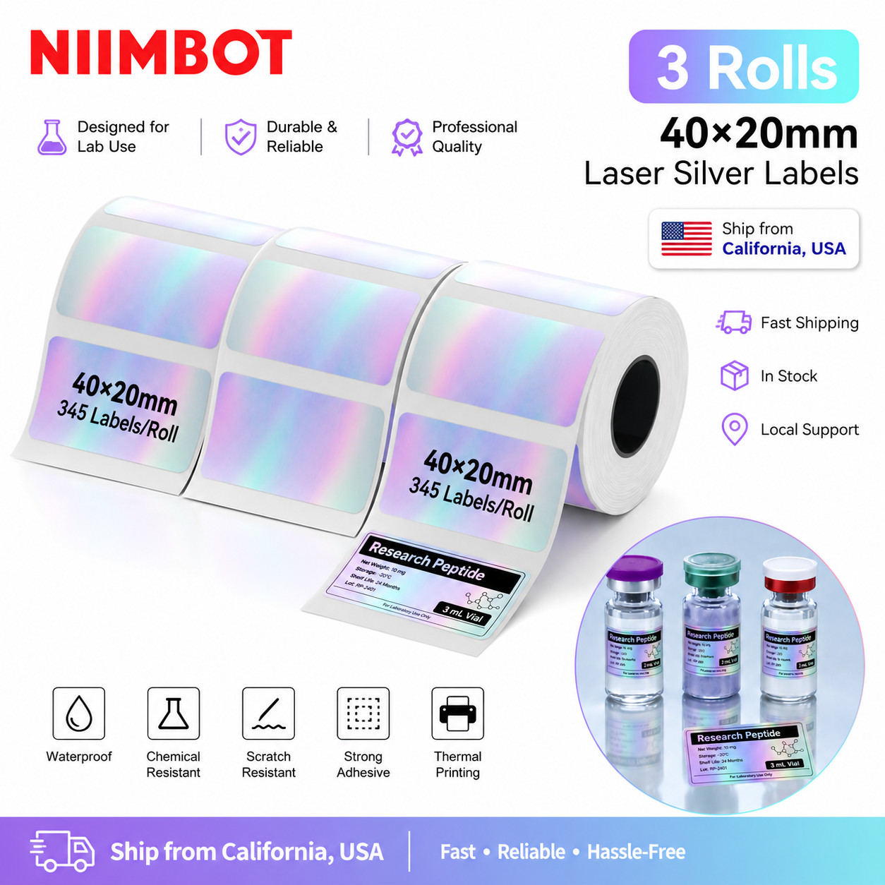 3PK NIIMBOT M2 40x20mm Laser Silver Labels for Lab Vials & Samples No smudge 3PK NIIMBOT M2 40x20mm Laser Silver Labels for Lab Vials & Samples No smudge