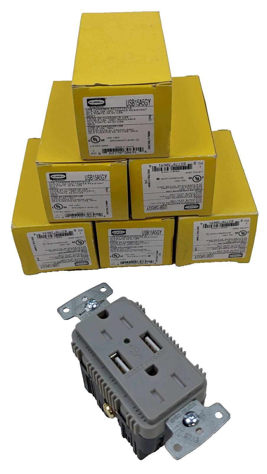 6 Hubbell USB15A5GY USB Charger Duplex Receptacle Tamper Resistant Gray 15A 125V 6 Hubbell USB15A5GY USB Charger Duplex Receptacle Tamper Resistant Gray 15A 125V