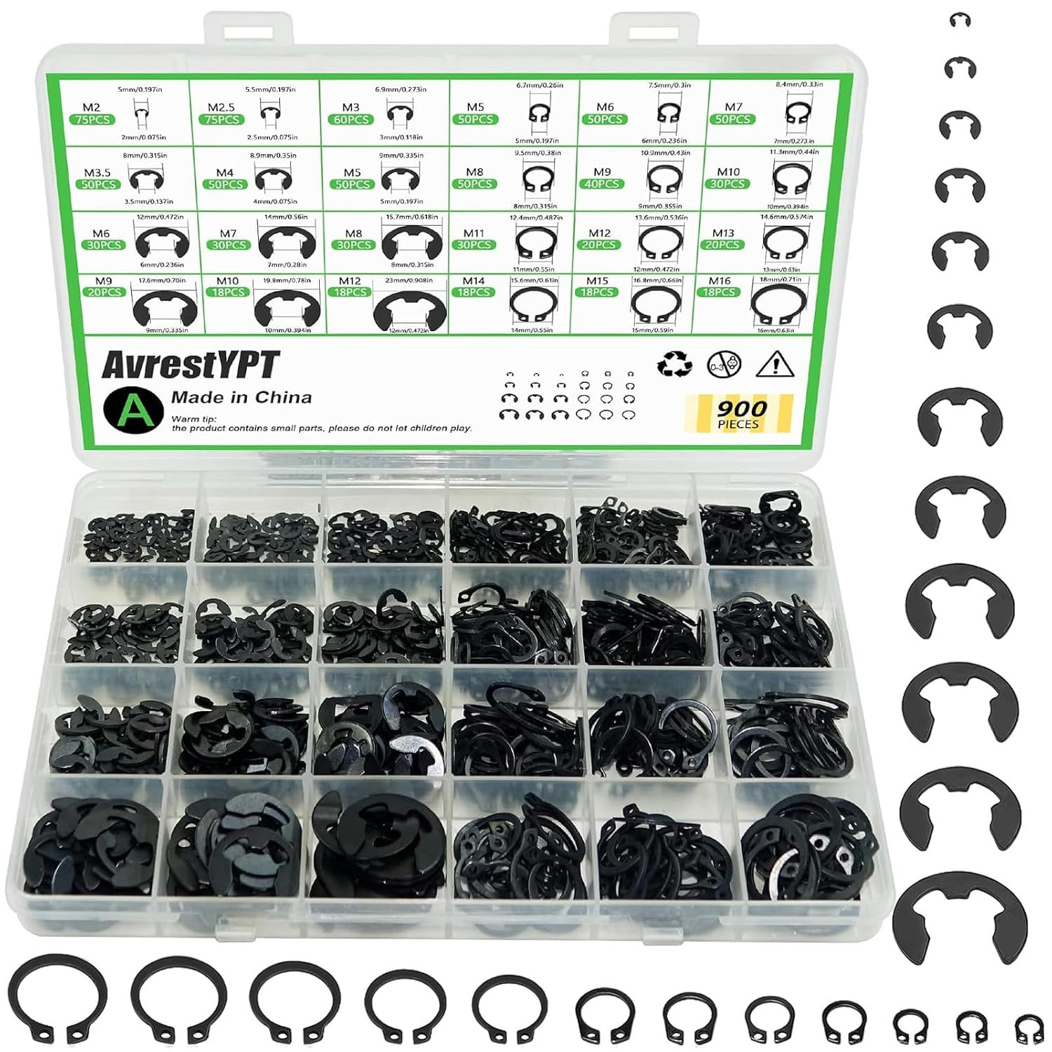 900Pcs C Clips Assortment and E Clips Assortment Set , External Retaining 900Pcs C Clips Assortment and E Clips Assortment Set , External Retaining