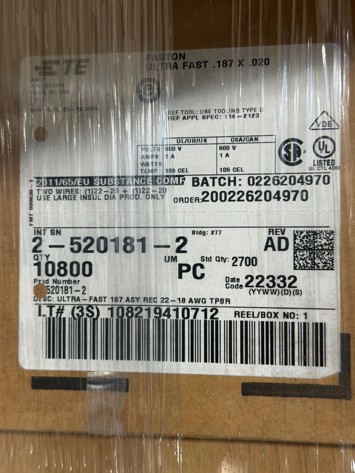 QTY 10,800 TE 2-520181-2 Ultra-Fast .187 ASY REC 22-18 AWG RCPT REEL QTY 10,800 TE 2-520181-2 Ultra-Fast .187 ASY REC 22-18 AWG RCPT REEL