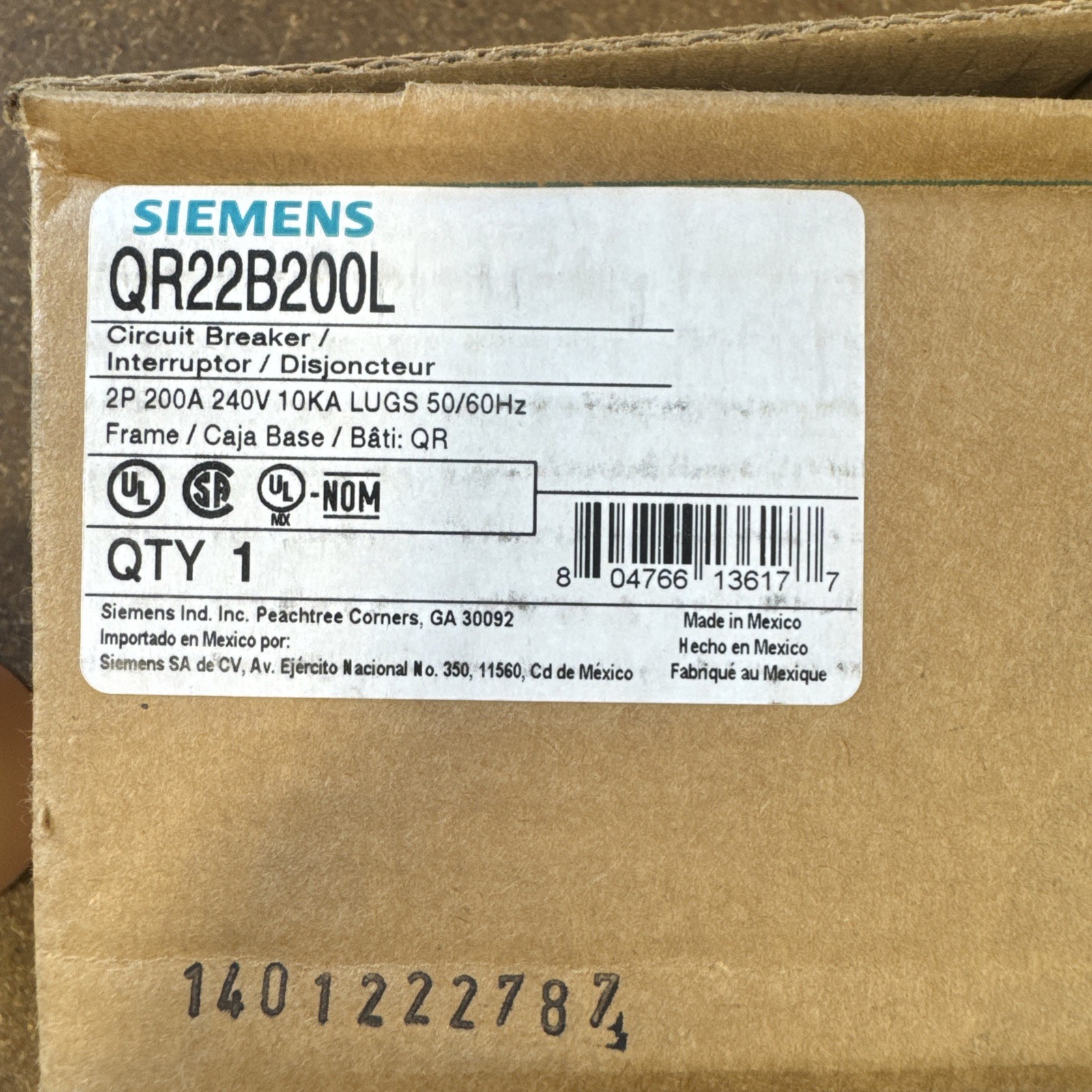 NEW SIEMENS QR22B200L CIRCUIT BREAKER 200A 240V 2P 10KA LUGS 50/60Hz NEW SIEMENS QR22B200L CIRCUIT BREAKER 200A 240V 2P 10KA LUGS 50/60Hz