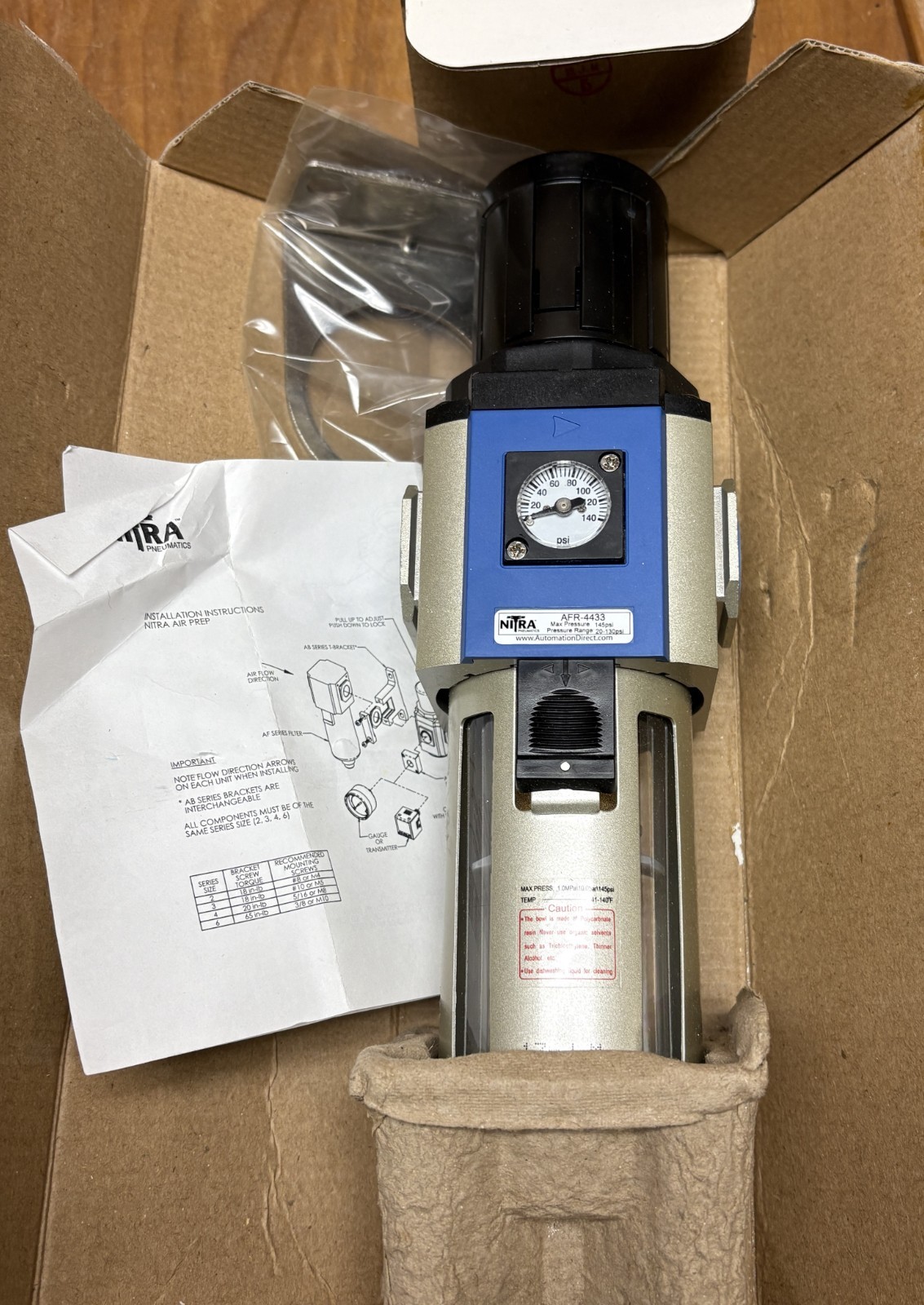 New open box Nitra AFR-4433 Filter Regulator 1/2 “ NPT, Semi-Auto Drain (D31) New open box Nitra AFR-4433 Filter Regulator 1/2 “ NPT, Semi-Auto Drain (D31)