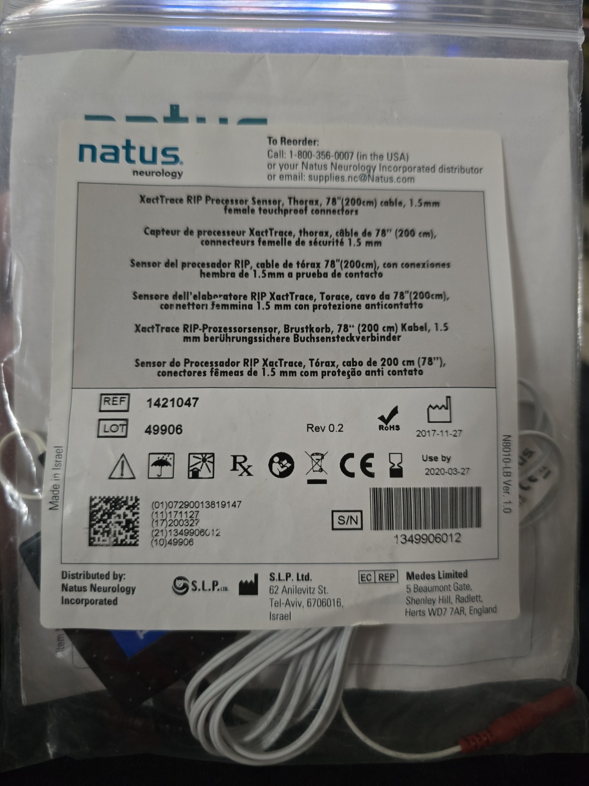 Natus XactTrace 1421047 RIP Processor Sensor Thorax 78\ Natus XactTrace 1421047 RIP Processor Sensor Thorax 78\