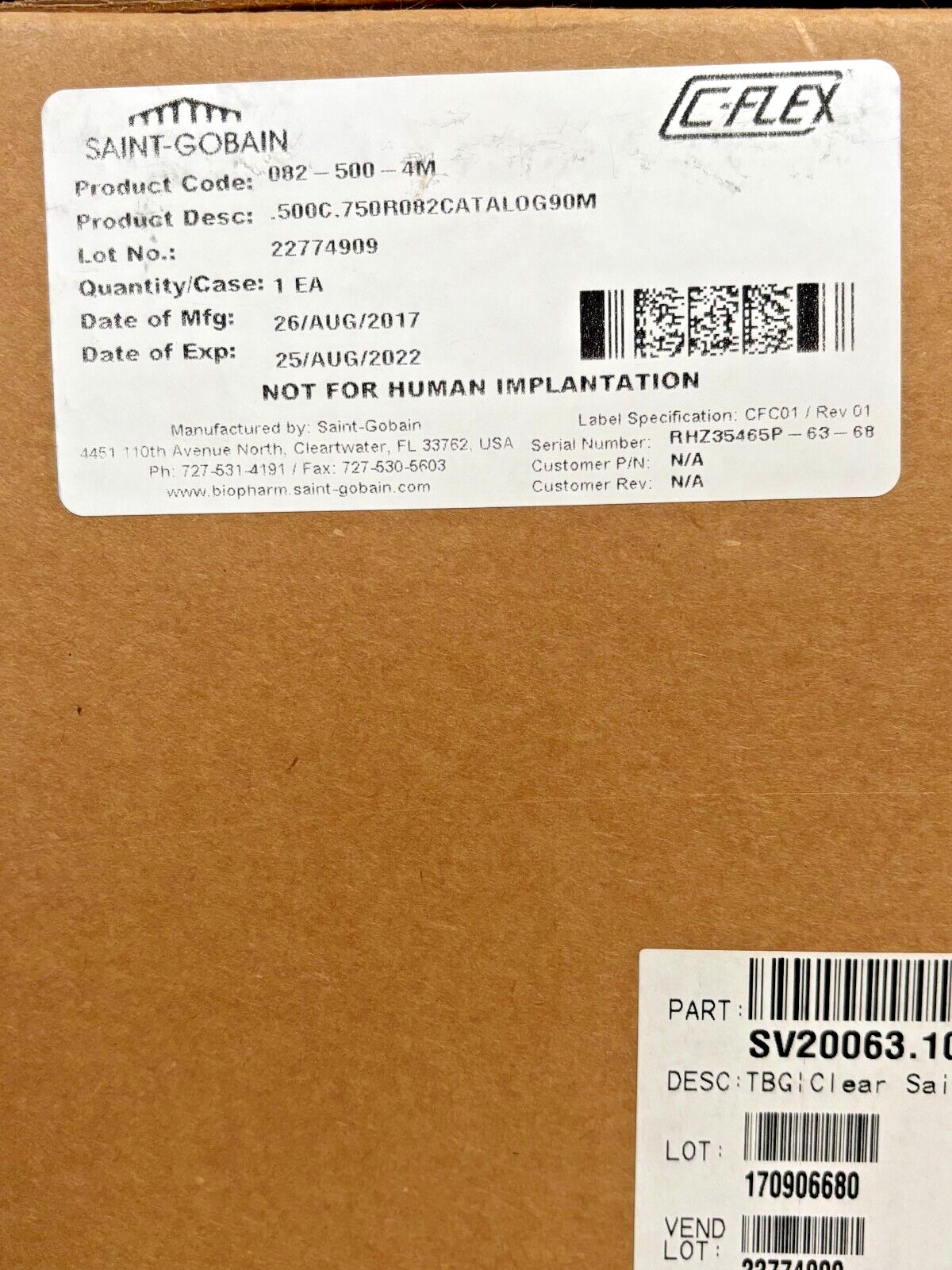 NEW Saint Gobain C-Flex Tubing Cat# 082-500-4M Formulation Factory Sealed NEW Saint Gobain C-Flex Tubing Cat# 082-500-4M Formulation Factory Sealed