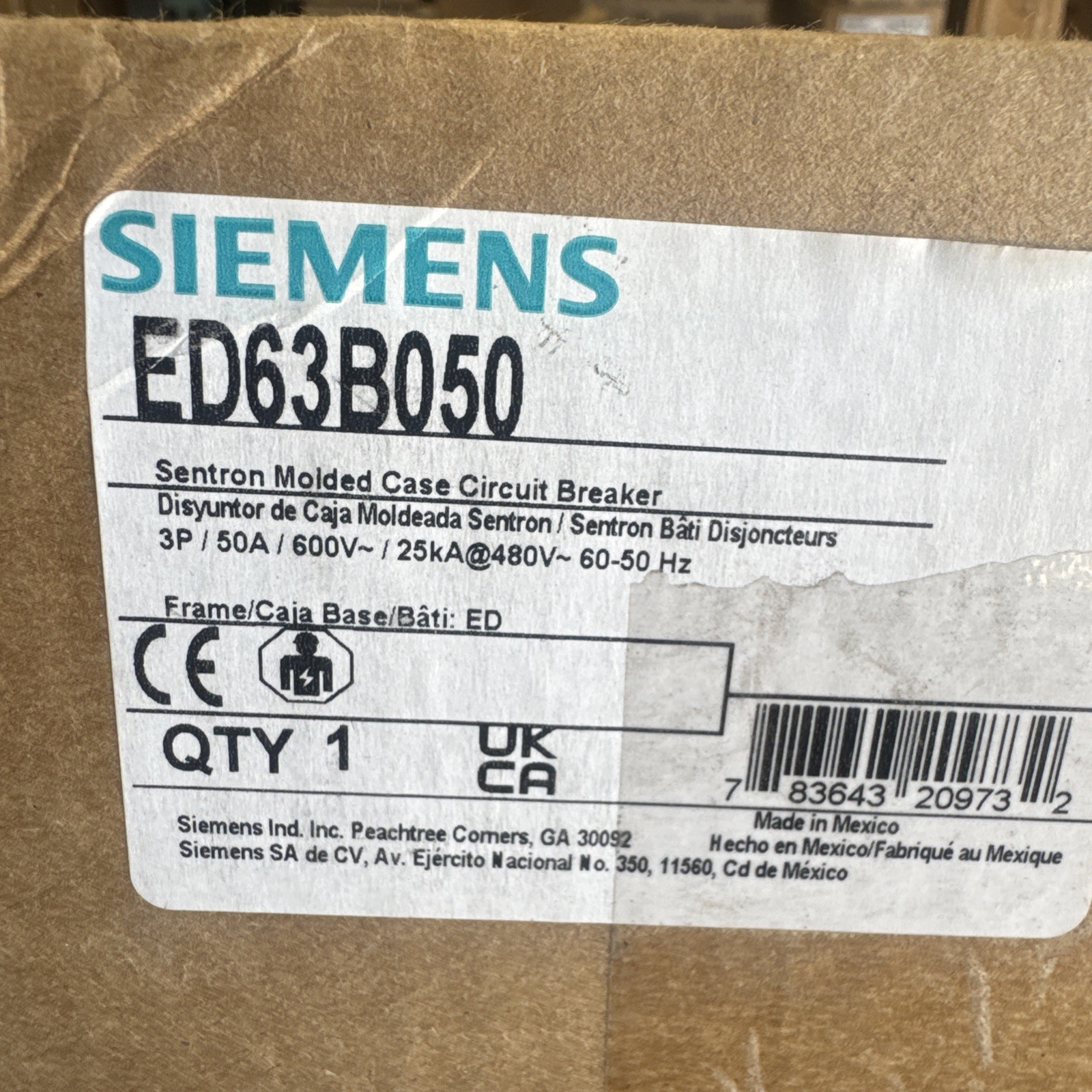 Siemens Sentron ED63B050 50A 3-Pole 600V Circuit Breaker Siemens Sentron ED63B050 50A 3-Pole 600V Circuit Breaker