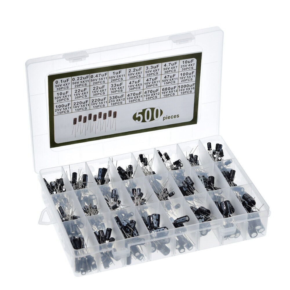 500Pc Radial Electrolytic Capacitor Assortment Kit 24 Value 0.1uF-1000uF 16V-50V