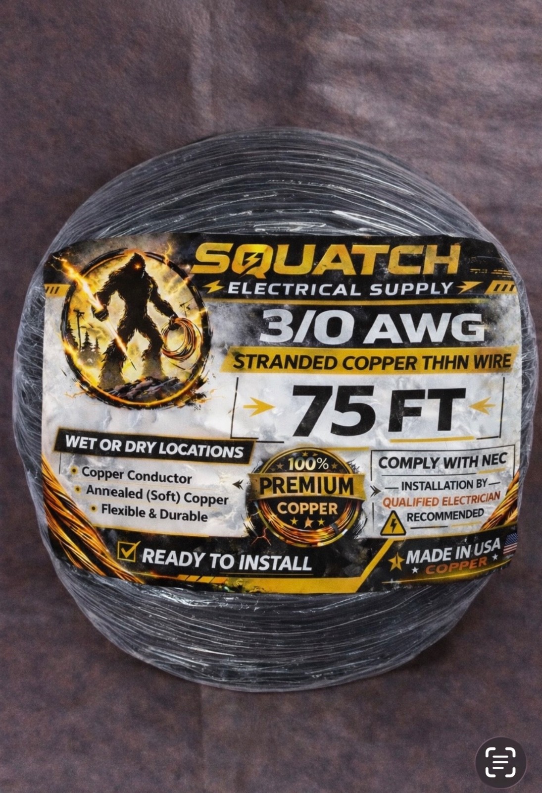 3/0 AWG, 75 ft THHN, PRIORITY SHIPPING, Stranded Copper Building Wire 600V Black 3/0 AWG, 75 ft THHN, PRIORITY SHIPPING, Stranded Copper Building Wire 600V Black
