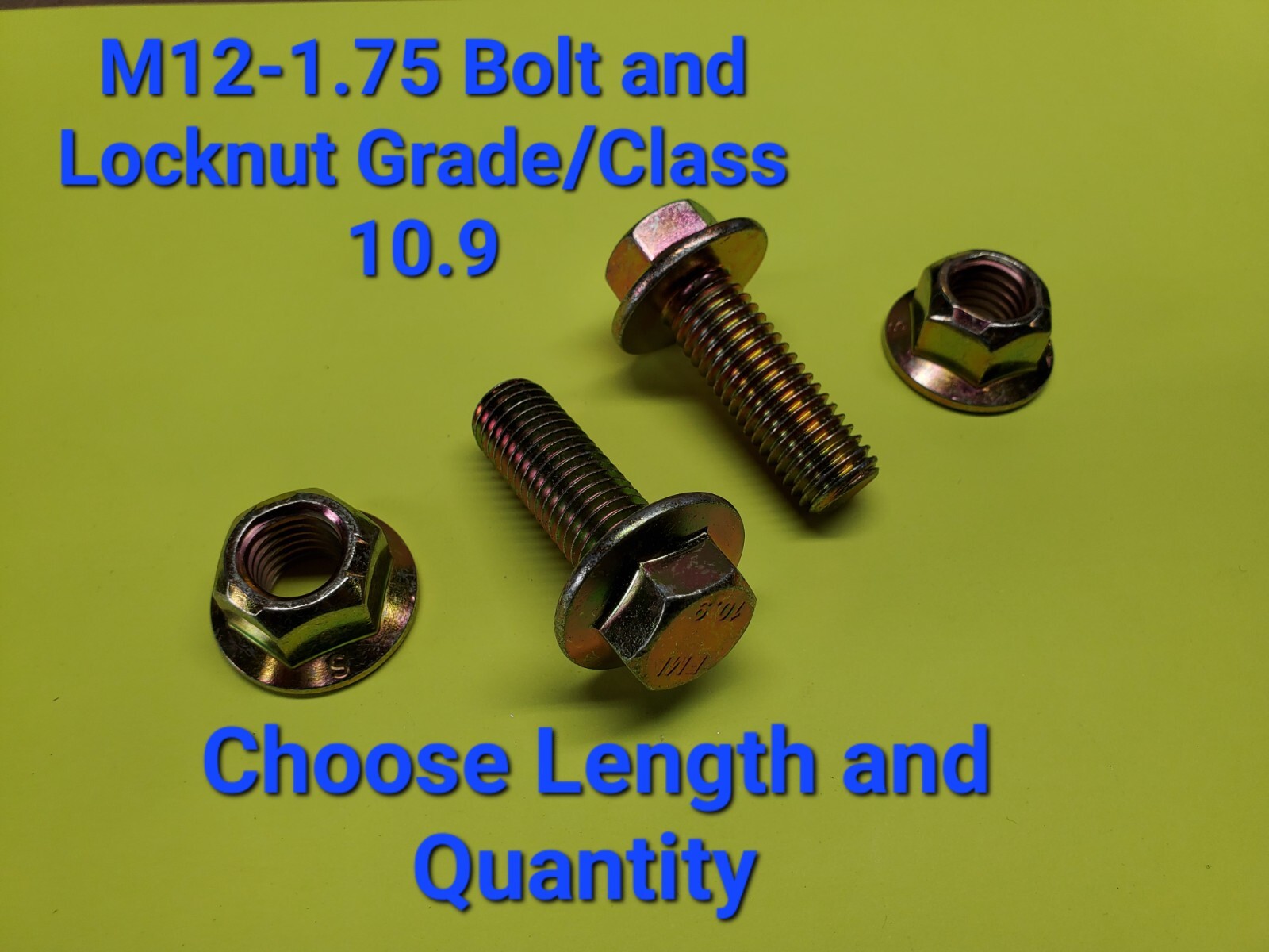 M12-1.75 x(CHOOSE LENGTH & QTY) Class 10.9 Flange Bolts & Lock Nuts Yellow Grade