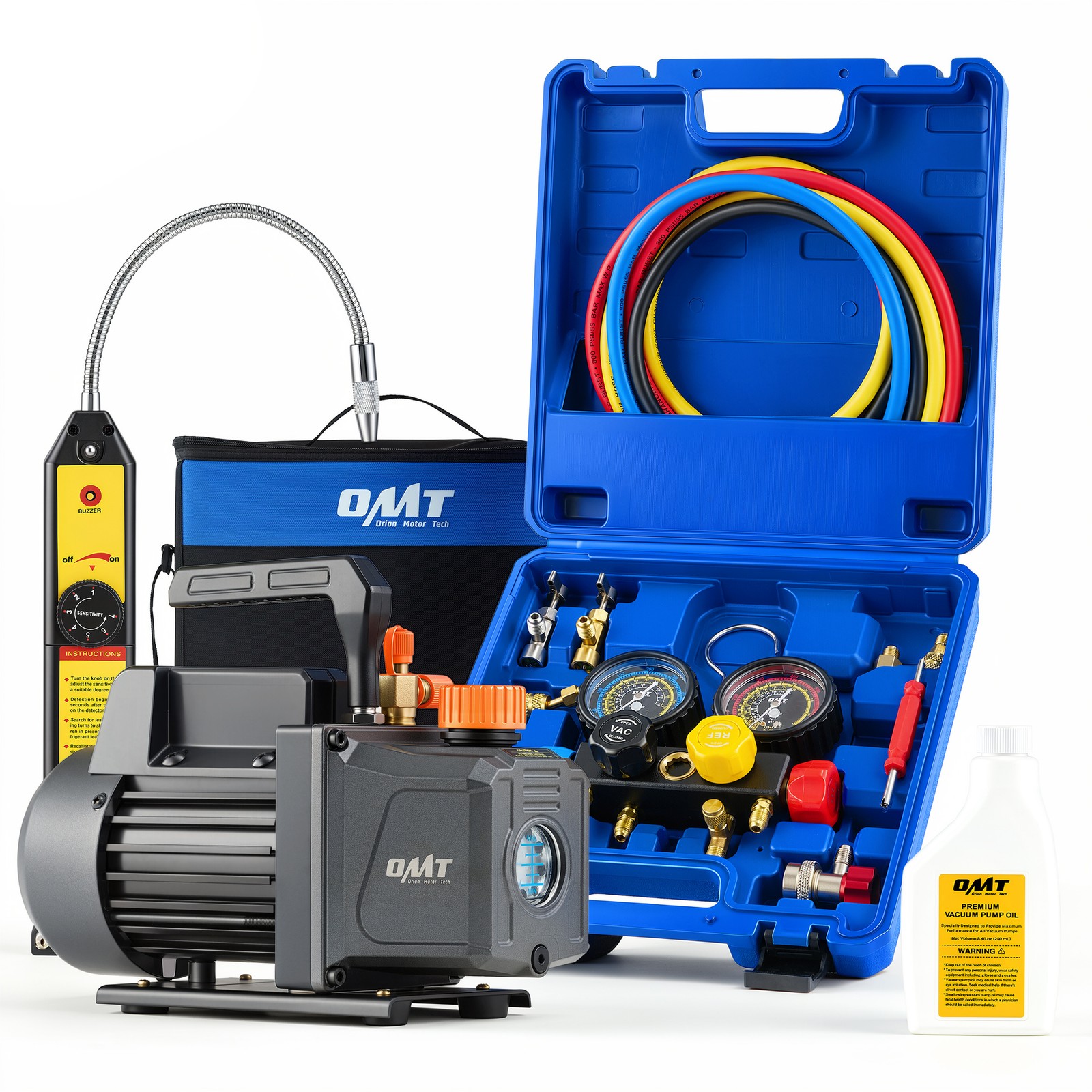 OMT Combo 4CFM HVAC Vacuum Pump 1/3HP Manifold Gauge Set w Leak Detector & Bag OMT Combo 4CFM HVAC Vacuum Pump 1/3HP Manifold Gauge Set w Leak Detector & Bag