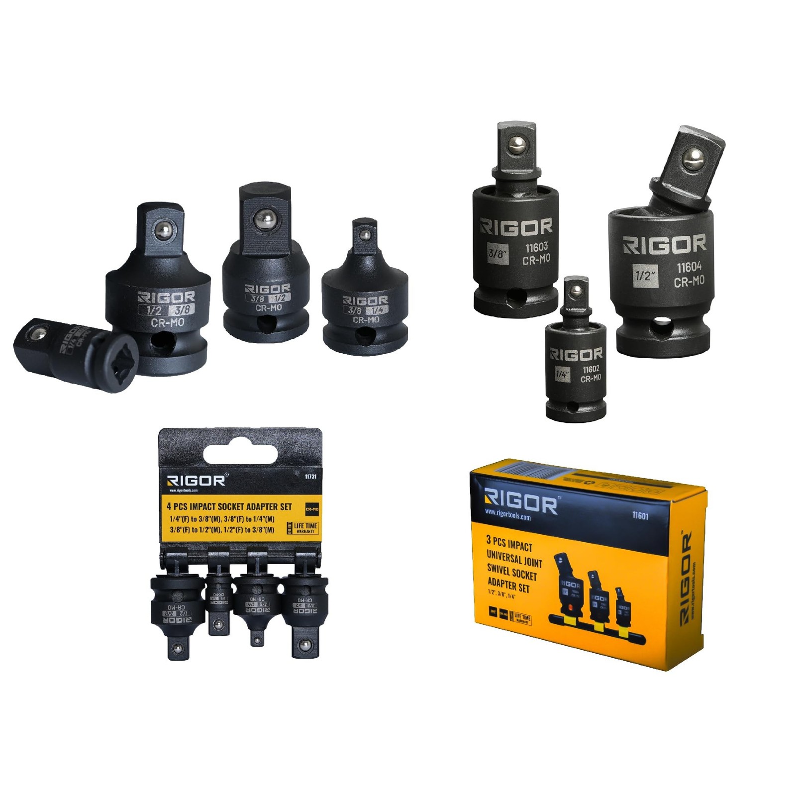 RIGOR 11601 3 Piece Universal Joint Swivel Socket Adapter Set and RIGOR 11731...