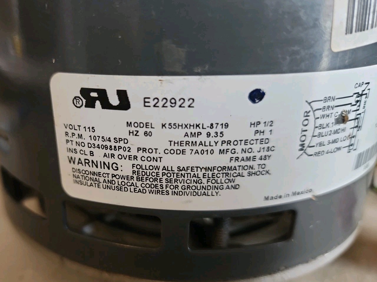 EMERSON K55HXHKL-8719 BlowerMotor 1/2 HP 1075 RPM 4SPD 1PH 115V D340988P02 3B=18
