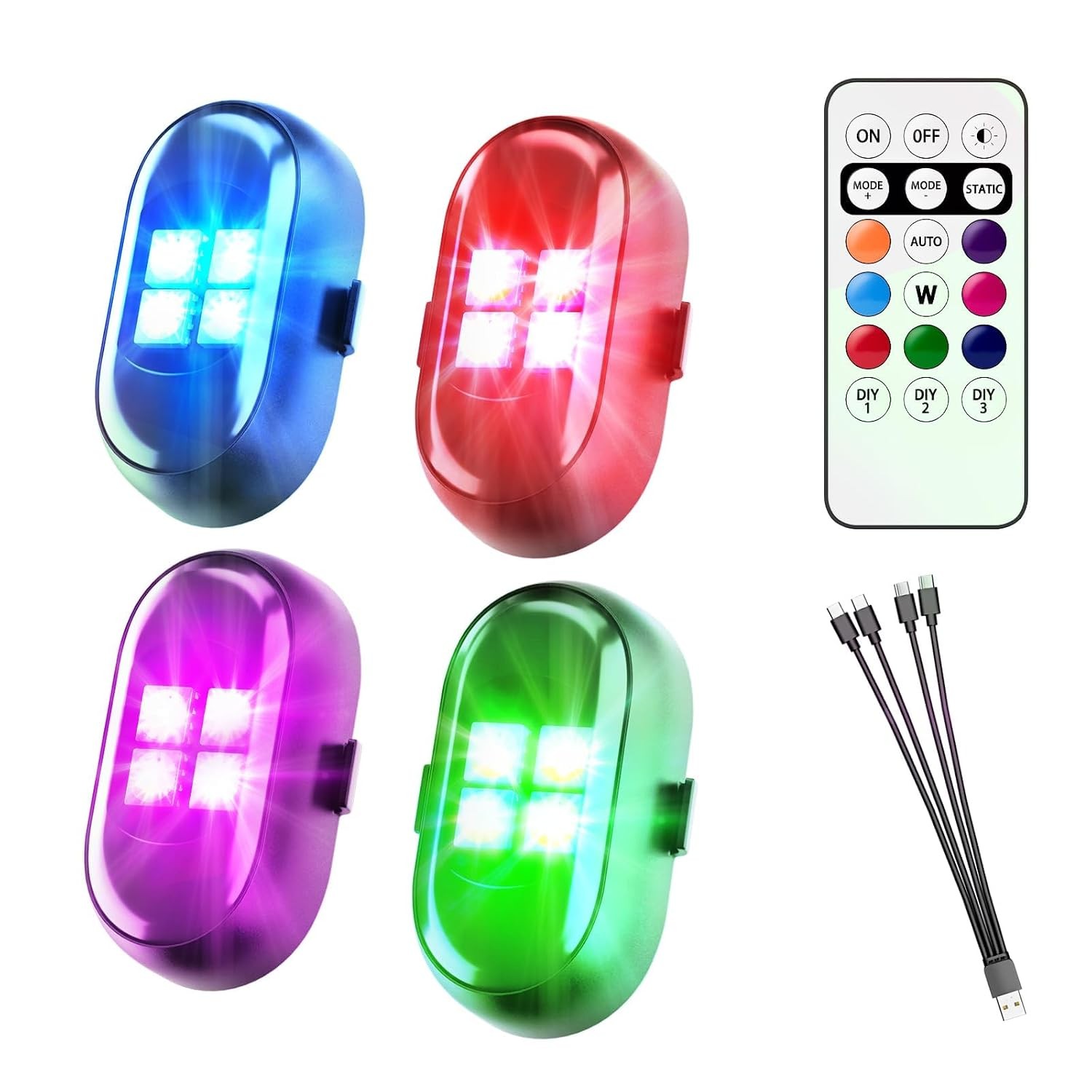 Wireless LED Car Interior Lights 4PCS Remote Control USB-C Charger Car Wireless LED Car Interior Lights 4PCS Remote Control USB-C Charger Car