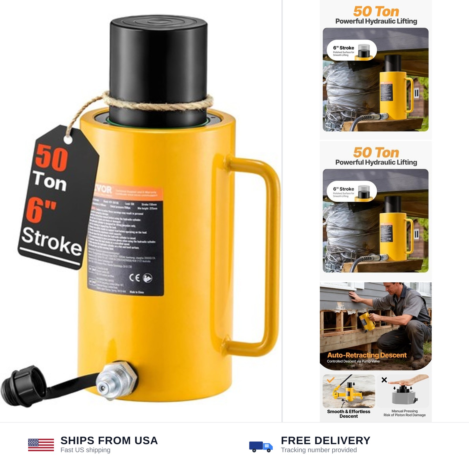 VEVOR 50T 6In Stroke Hydraulic Cylinder Jack Solid Single Acting Hydraulic Ra... VEVOR 50T 6In Stroke Hydraulic Cylinder Jack Solid Single Acting Hydraulic Ra...