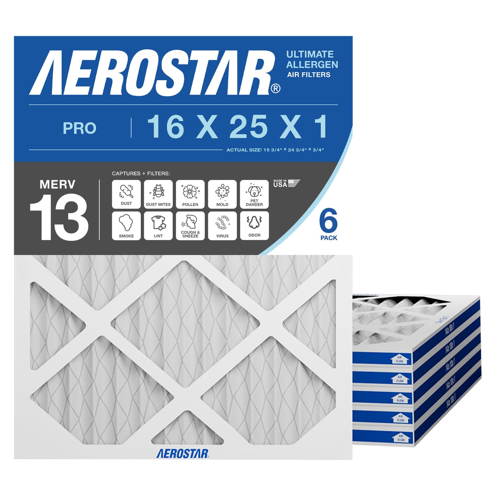 Aerostar Air Filter 16x25x1 MERV 13 AC Filter, HVAC, Furnace 6 PACK, 13