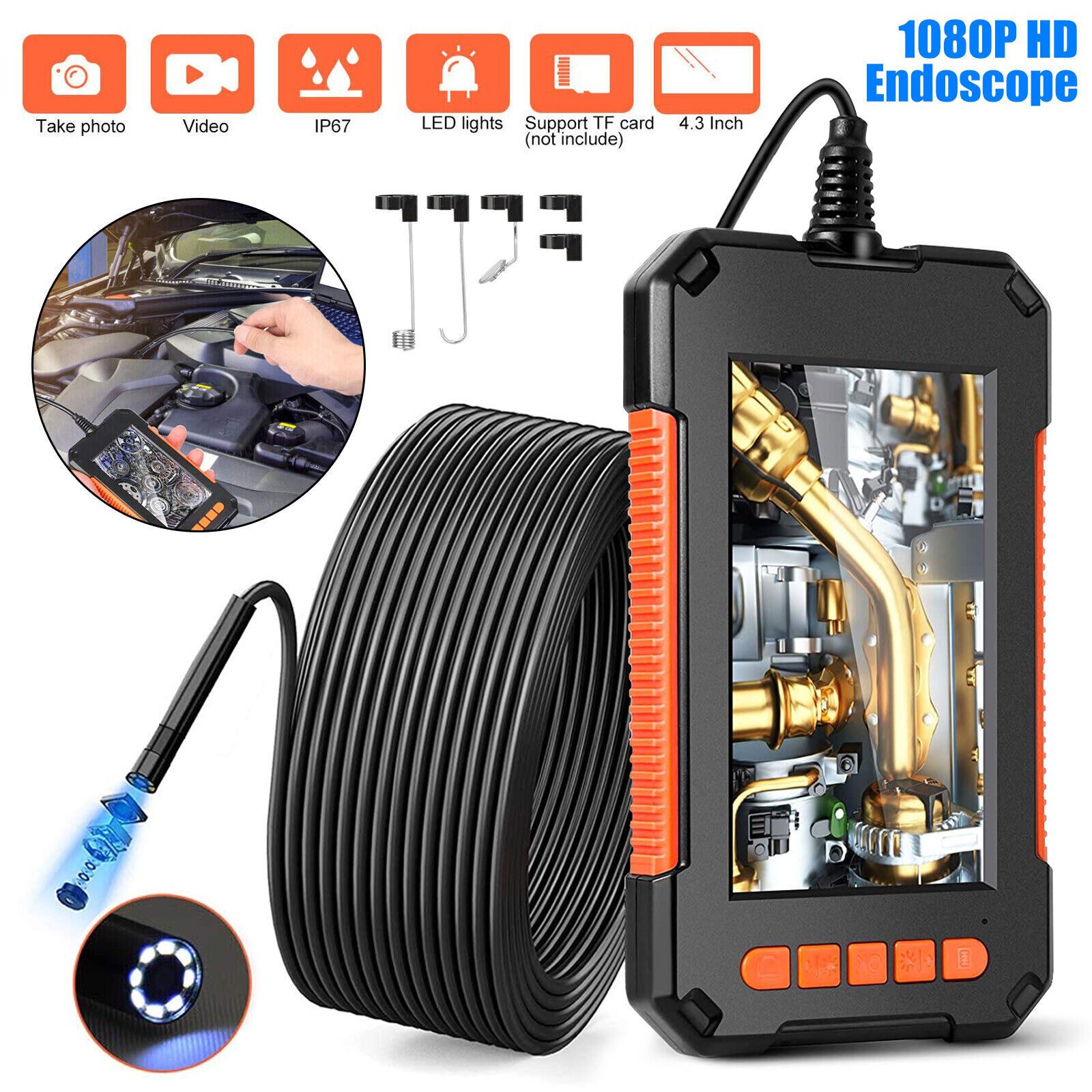 4.3inch HD LED Industrial Endoscope Borescope 1080P 8mm Inspection Snake Camera