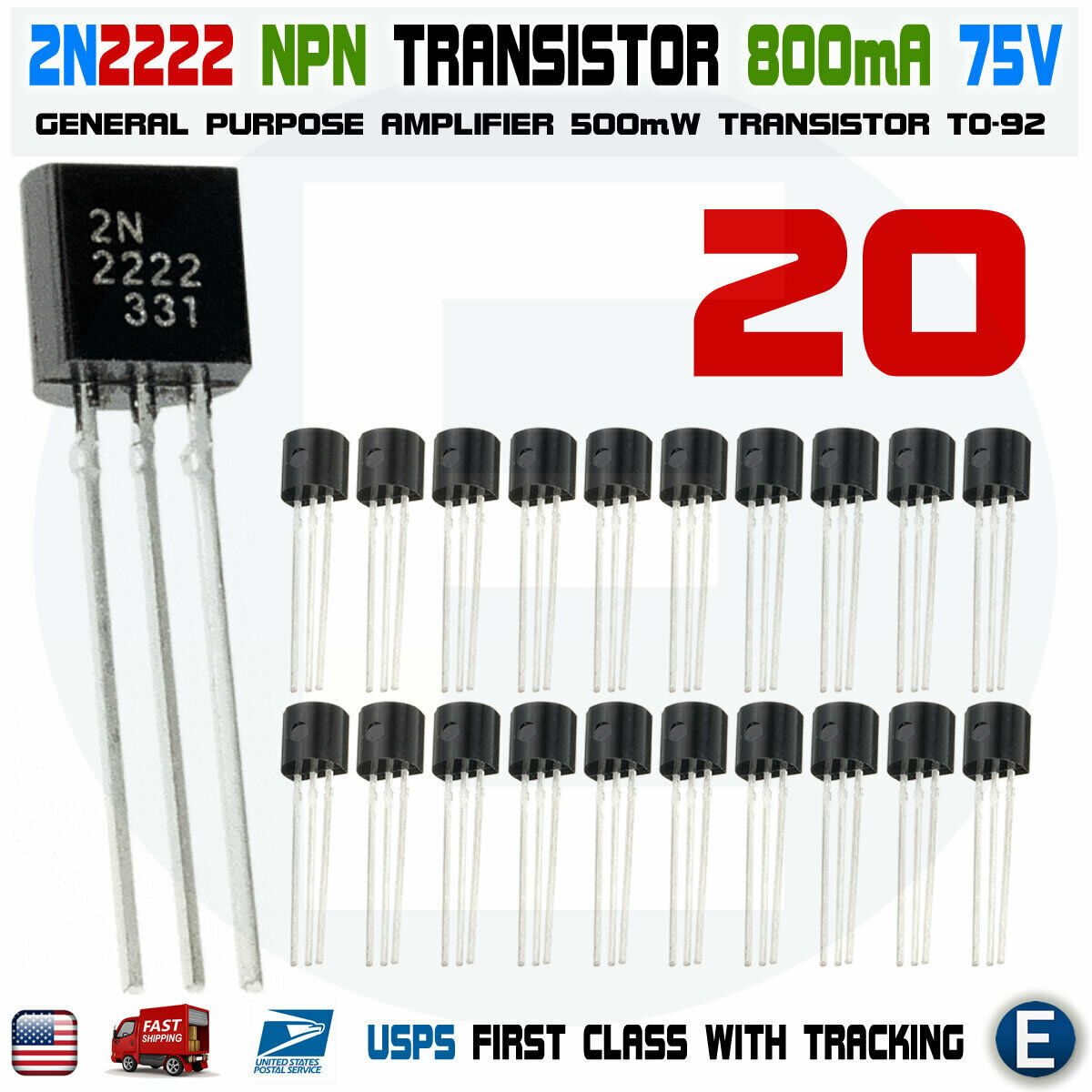 20pcs 2N2222A NPN 2N2222 TO-92 Plastic-Encapsulate Power Transistors 75V 0.8A 20pcs 2N2222A NPN 2N2222 TO-92 Plastic-Encapsulate Power Transistors 75V 0.8A