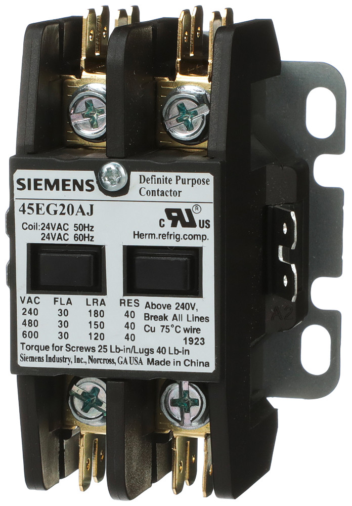 Siemens 45EG20AF Definite Purpose Contactor 30 A 2 Poles 120 VAC Siemens 45EG20AF Definite Purpose Contactor 30 A 2 Poles 120 VAC