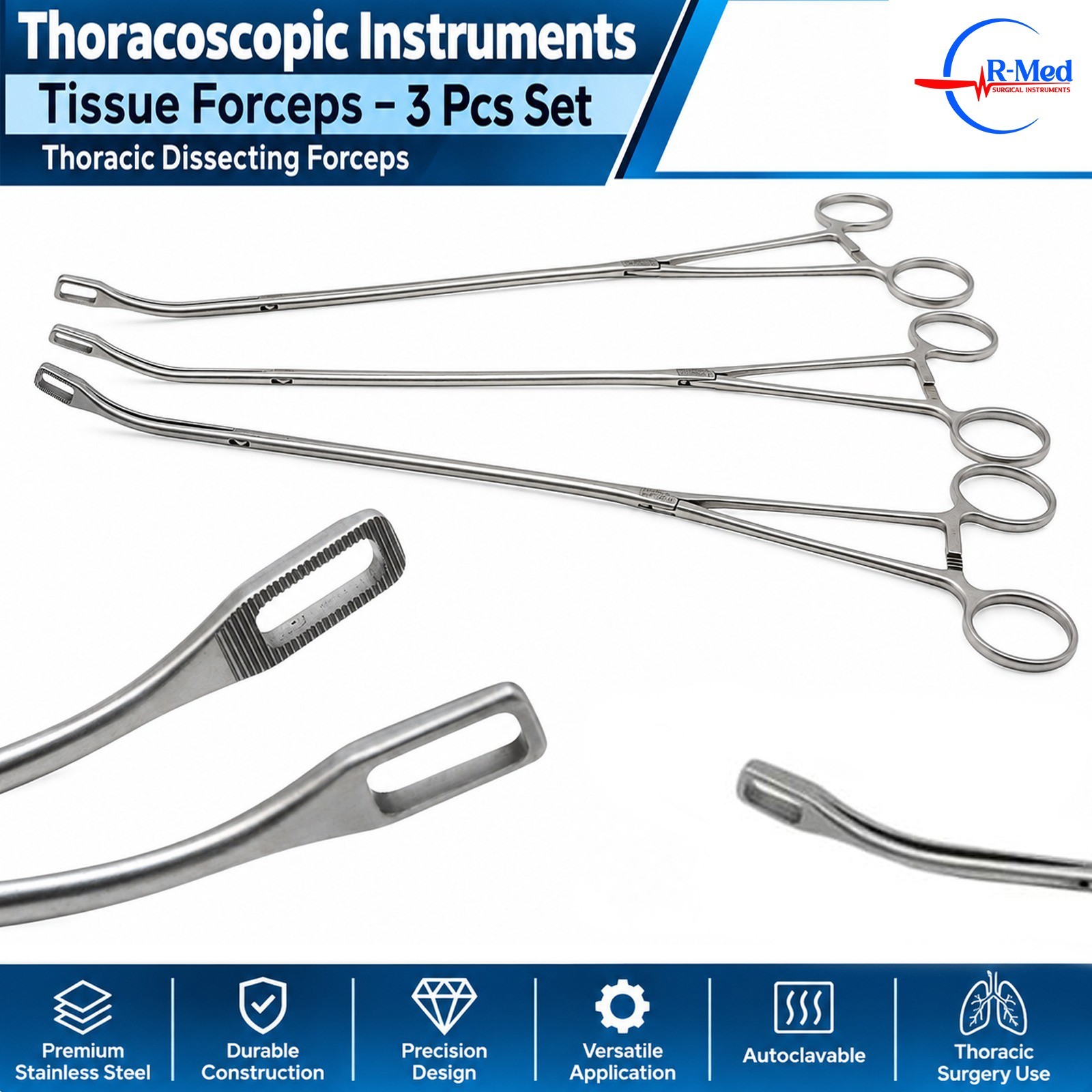 Thoracoscopic Instruments Tissue Forceps 3 Pcs Set Thoracic Dissecting Forceps
