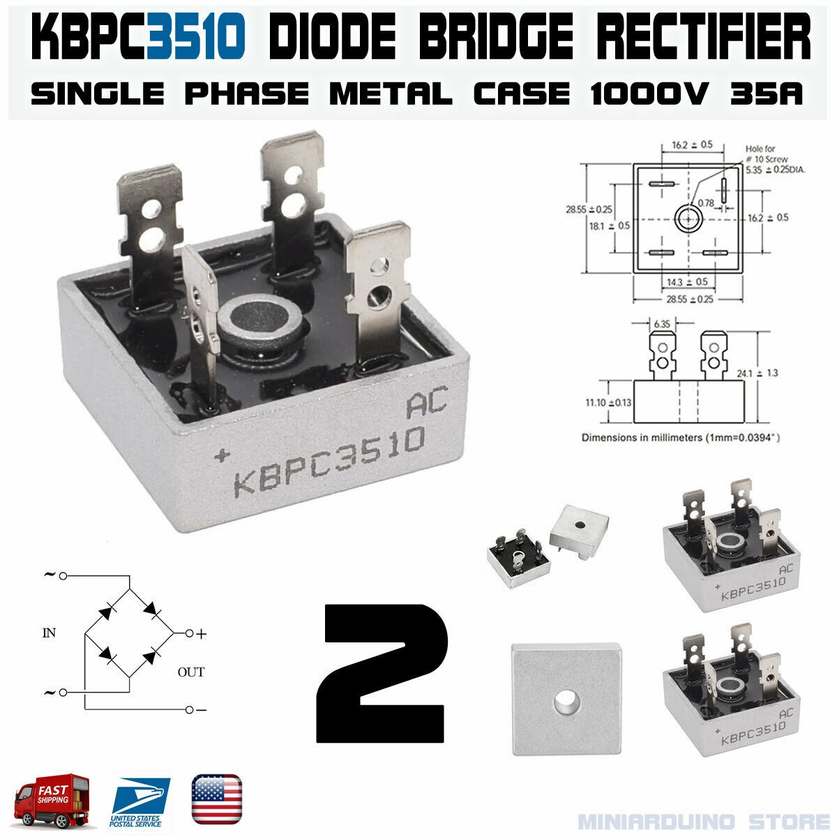 2pcs KBPC3510 Diode Bridge Rectifier Single Phase Metal Case 1000V 35A KBPC-3510 2pcs KBPC3510 Diode Bridge Rectifier Single Phase Metal Case 1000V 35A KBPC-3510