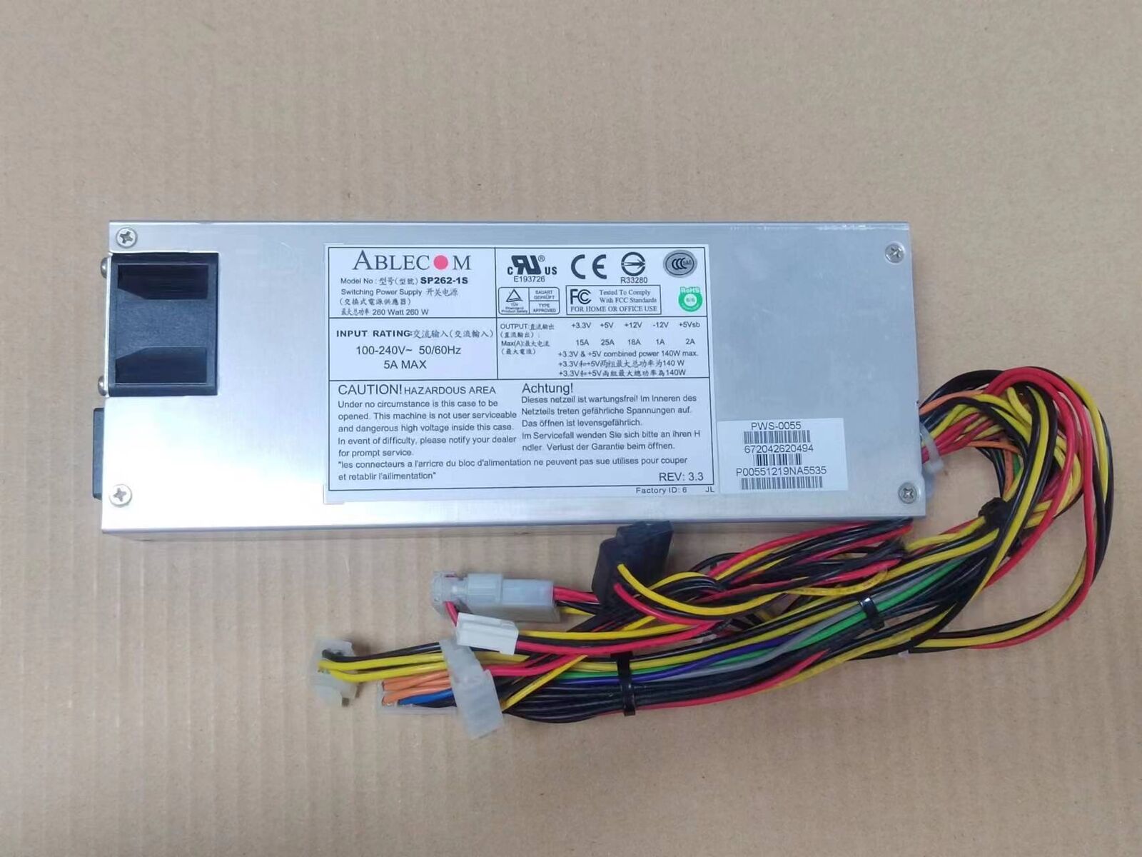 SUPERMICRO ABLECOM SP262-1S 260W 1U MULTI-OUTPUT SWITCHING POWER SUPPLY PWS-0055