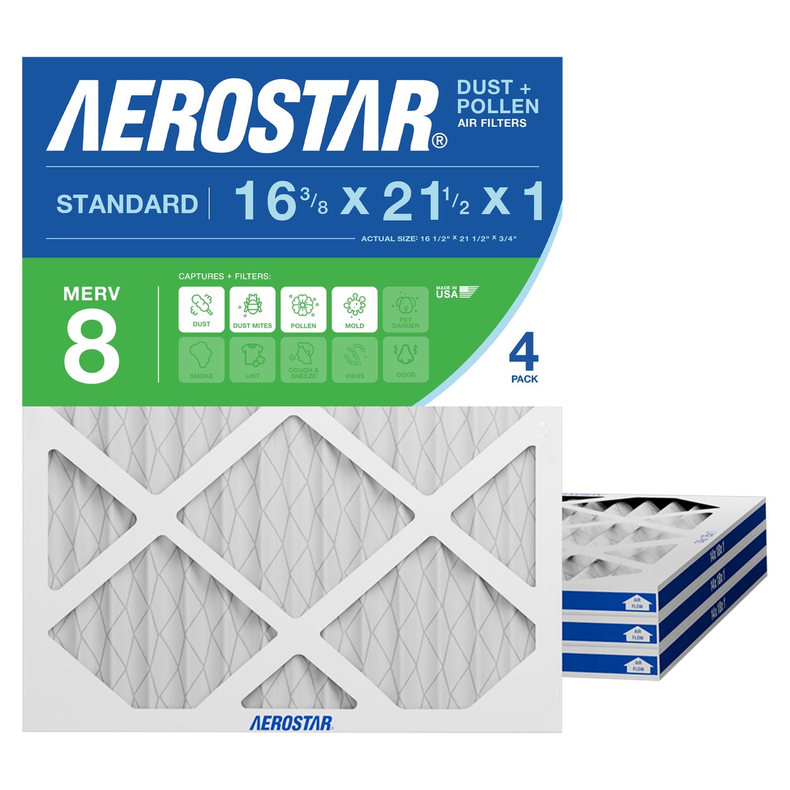 Aerostar Air Filter 16.375x21.5x1 MERV 8 AC Filter, Furnace 4 PACK, White Aerostar Air Filter 16.375x21.5x1 MERV 8 AC Filter, Furnace 4 PACK, White