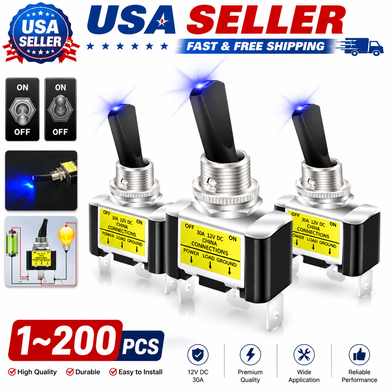 Blue LED Light 3Pin Rocker Toggle ON/Off Switch 30A 12V for Car Boat Marine Lot Blue LED Light 3Pin Rocker Toggle ON/Off Switch 30A 12V for Car Boat Marine Lot