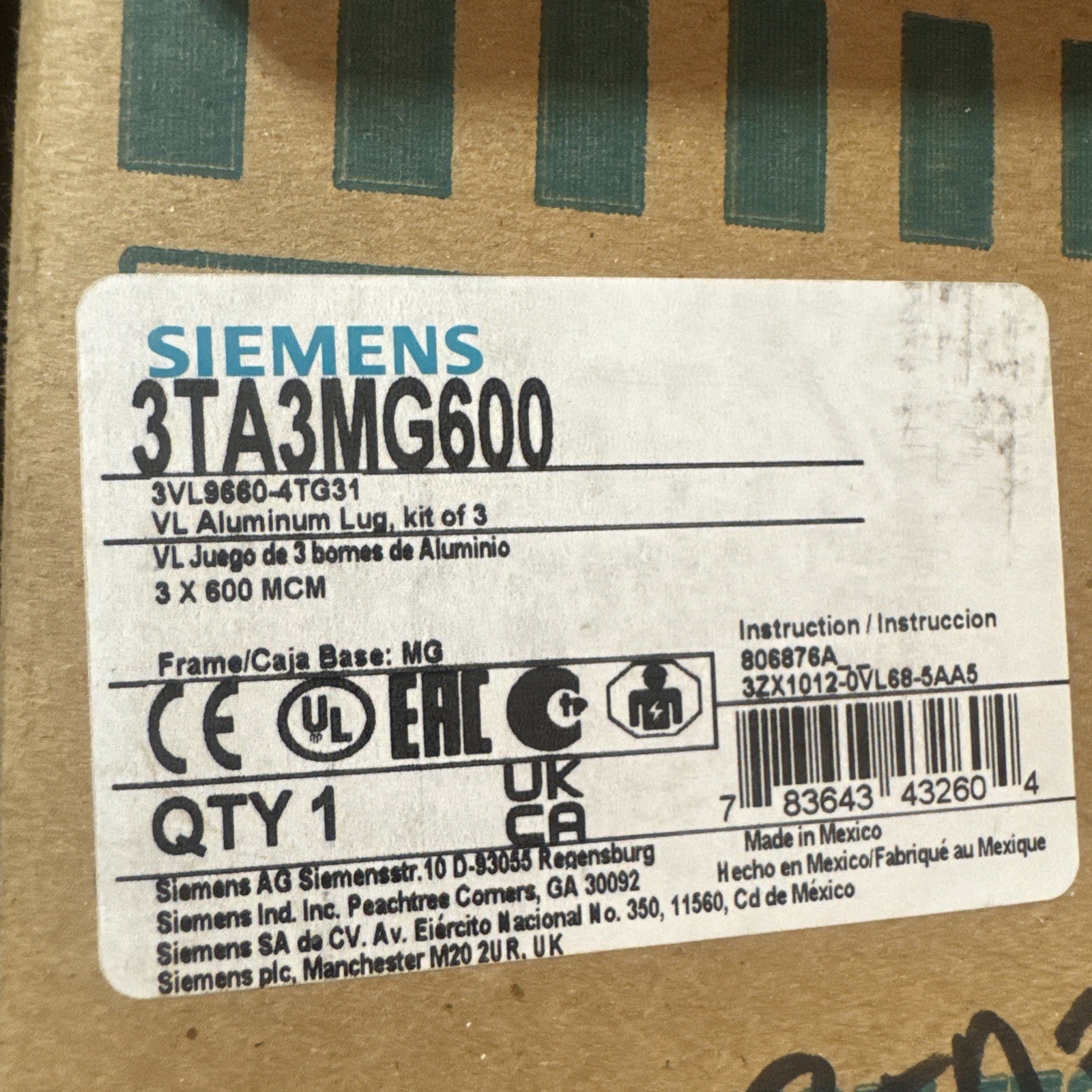 SIEMENS 3TA3MG600 Aluminum Circuit Breaker Lug Kit SIEMENS 3TA3MG600 Aluminum Circuit Breaker Lug Kit
